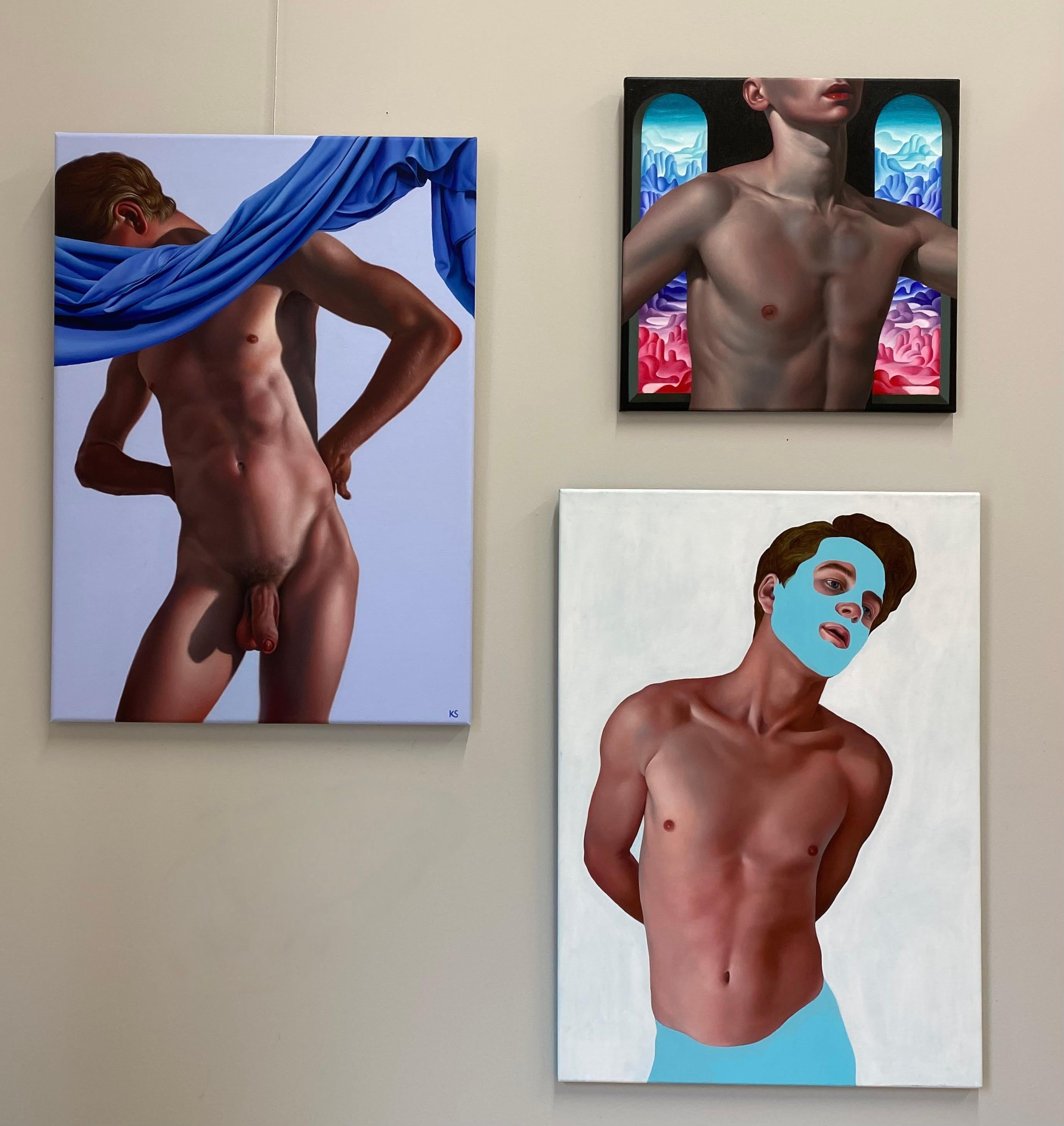Blue Boy- 21 Century Contemporary Modern Painting of a Young Nude Boy - Gray Portrait Painting by Krzysztof Stępniewski
