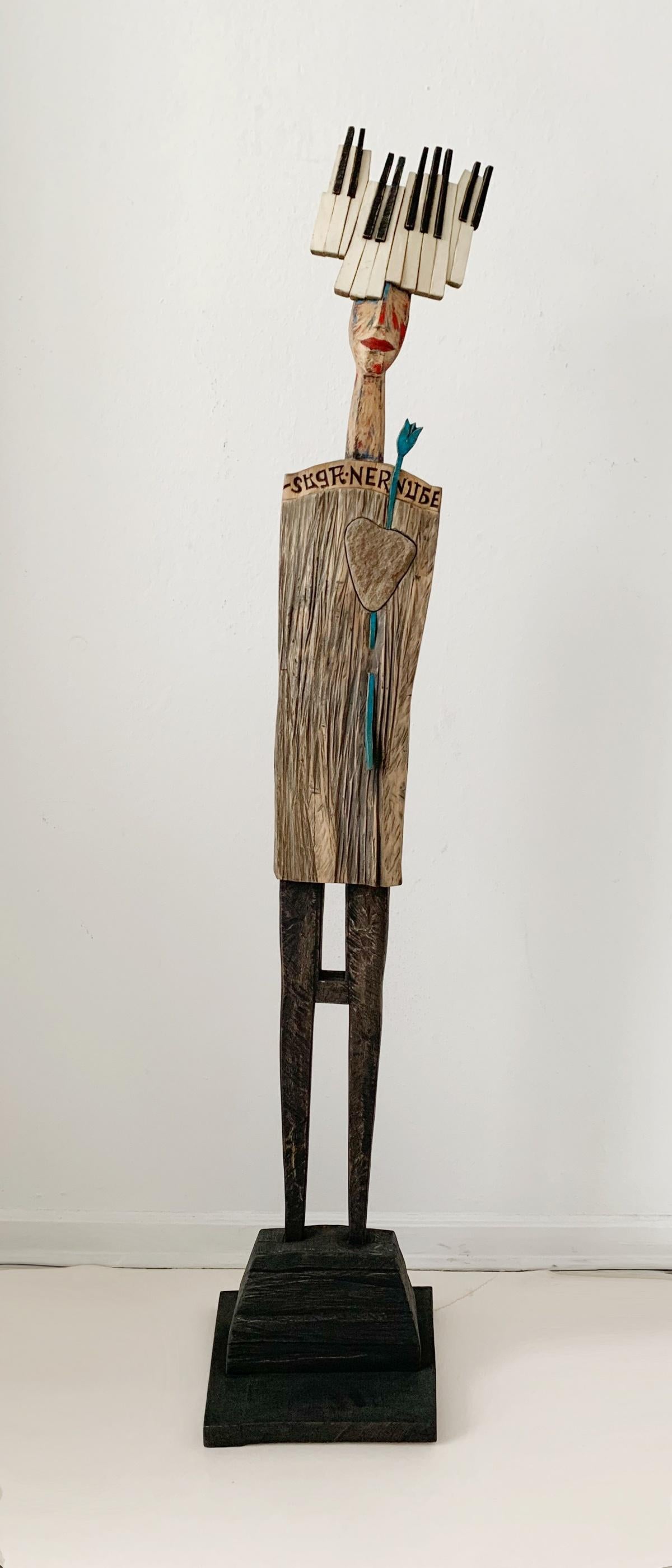 Krzysztof Zielinski Figurative Sculpture - Untitled - Figurative Wooden Sculpture, Polichrome, Polish art