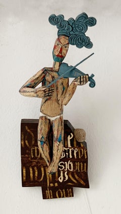 Violinist - Figurative Wooden Sculpture, Polichrome, Polish art
