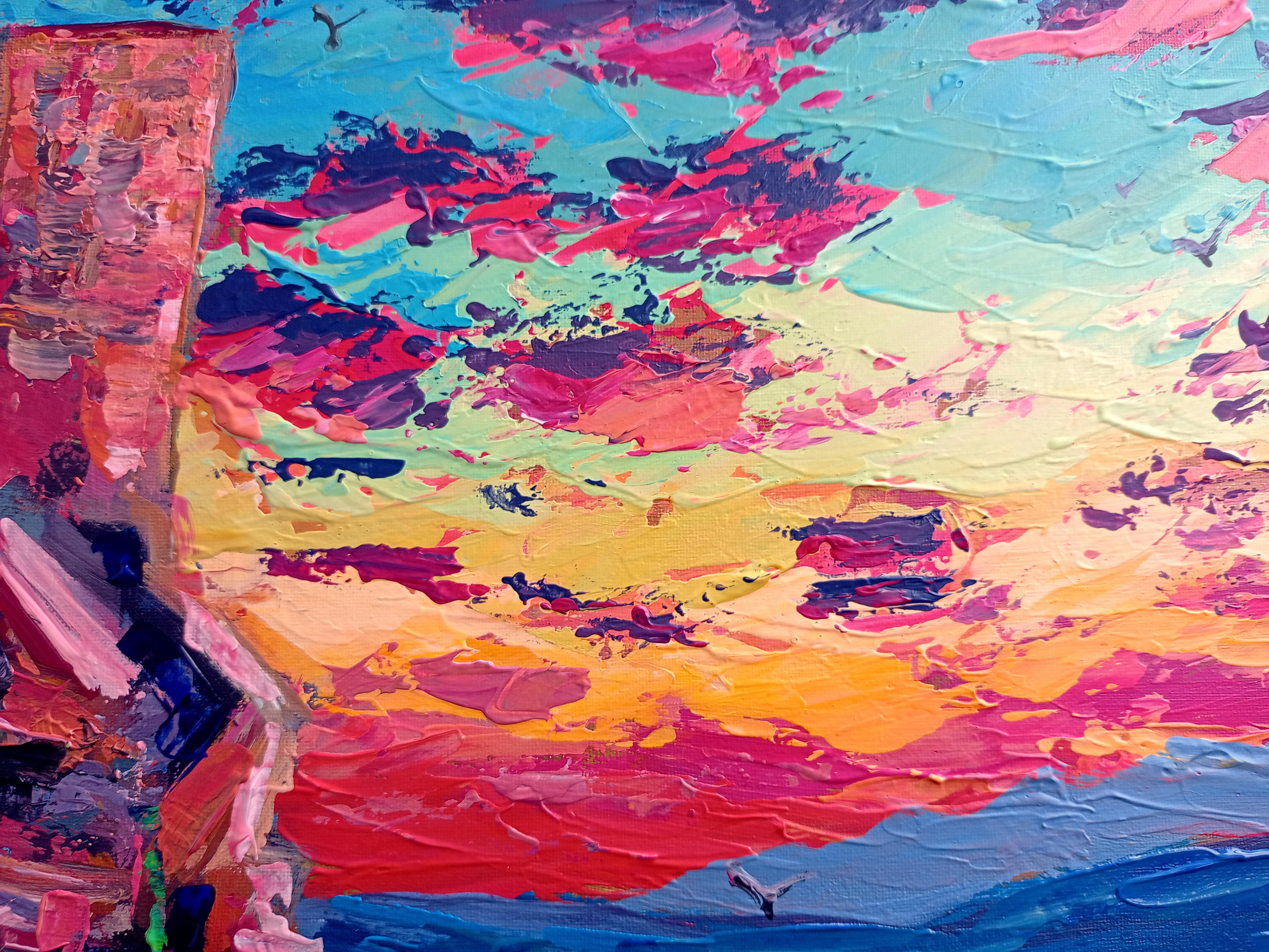Cette peinture capture l'atmosphère fugace de l'heure dorée, lorsque le soleil entame sa descente et baigne les montagnes d'une lumière chaude et radieuse. Au sommet d'une colline, vous contemplez la vaste vallée en contrebas, immergé dans la