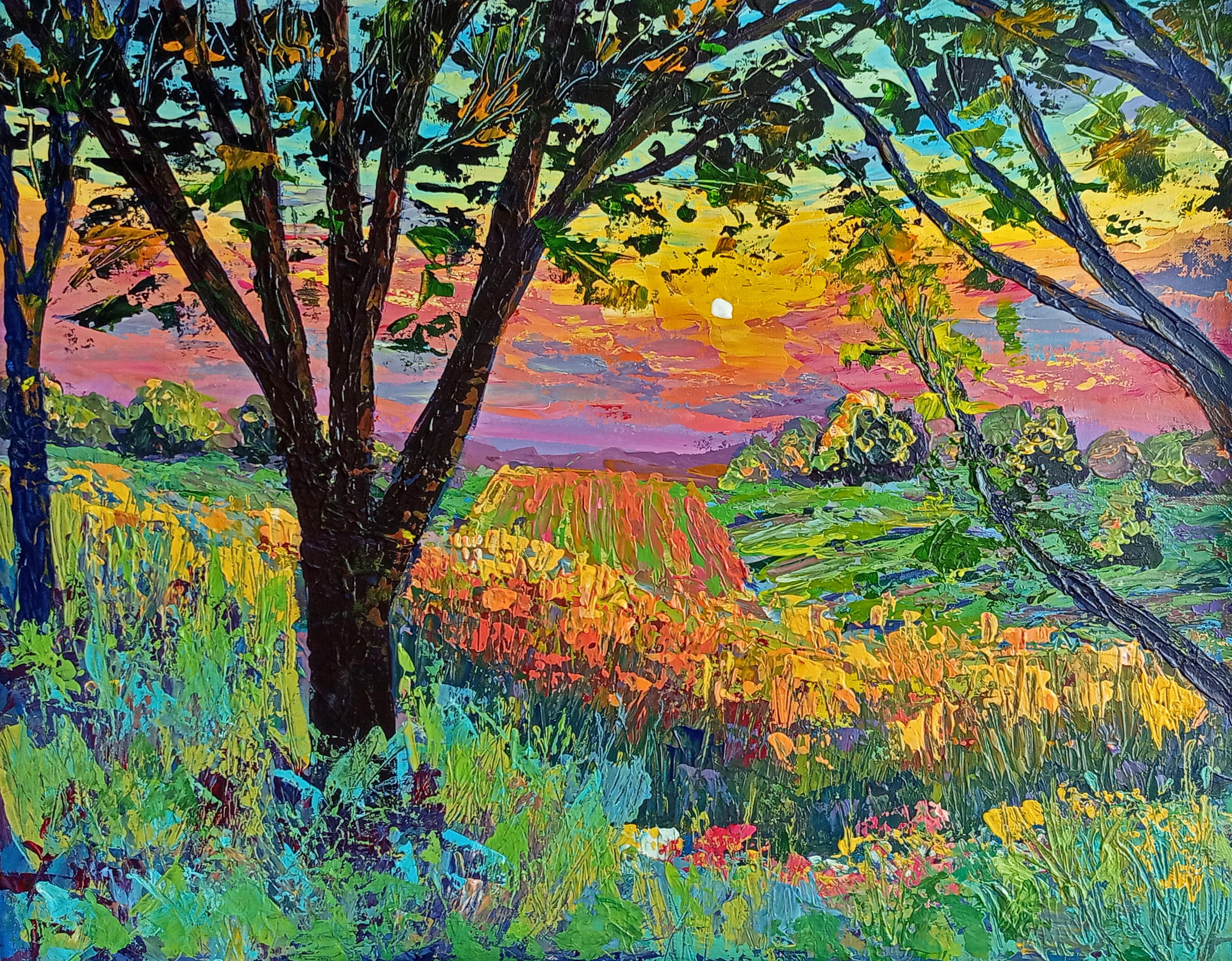 Cycle - Gris Landscape Painting par Ksenia Tsyganyuk