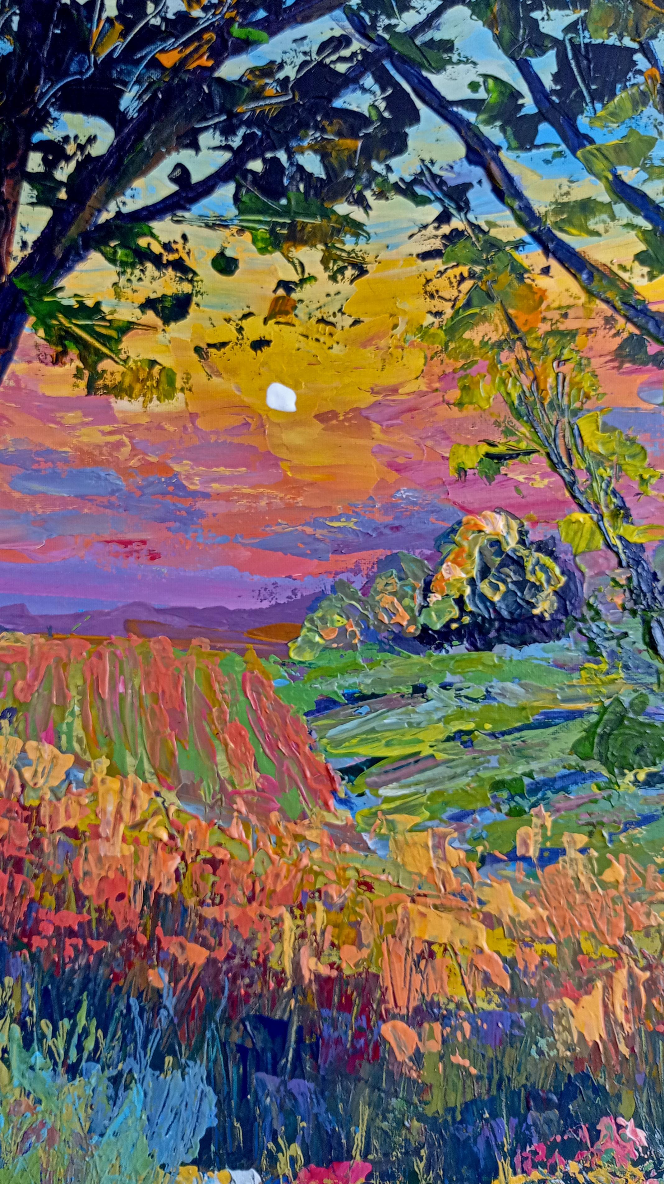 Un soir, en rentrant chez moi, j'ai été frappé par un moment fugace et doré, lorsque le soleil jetait sa dernière lumière sur le paysage, transformant les arbres et les plantes en ce qui ressemblait à des sculptures de métal précieux. Au loin, les