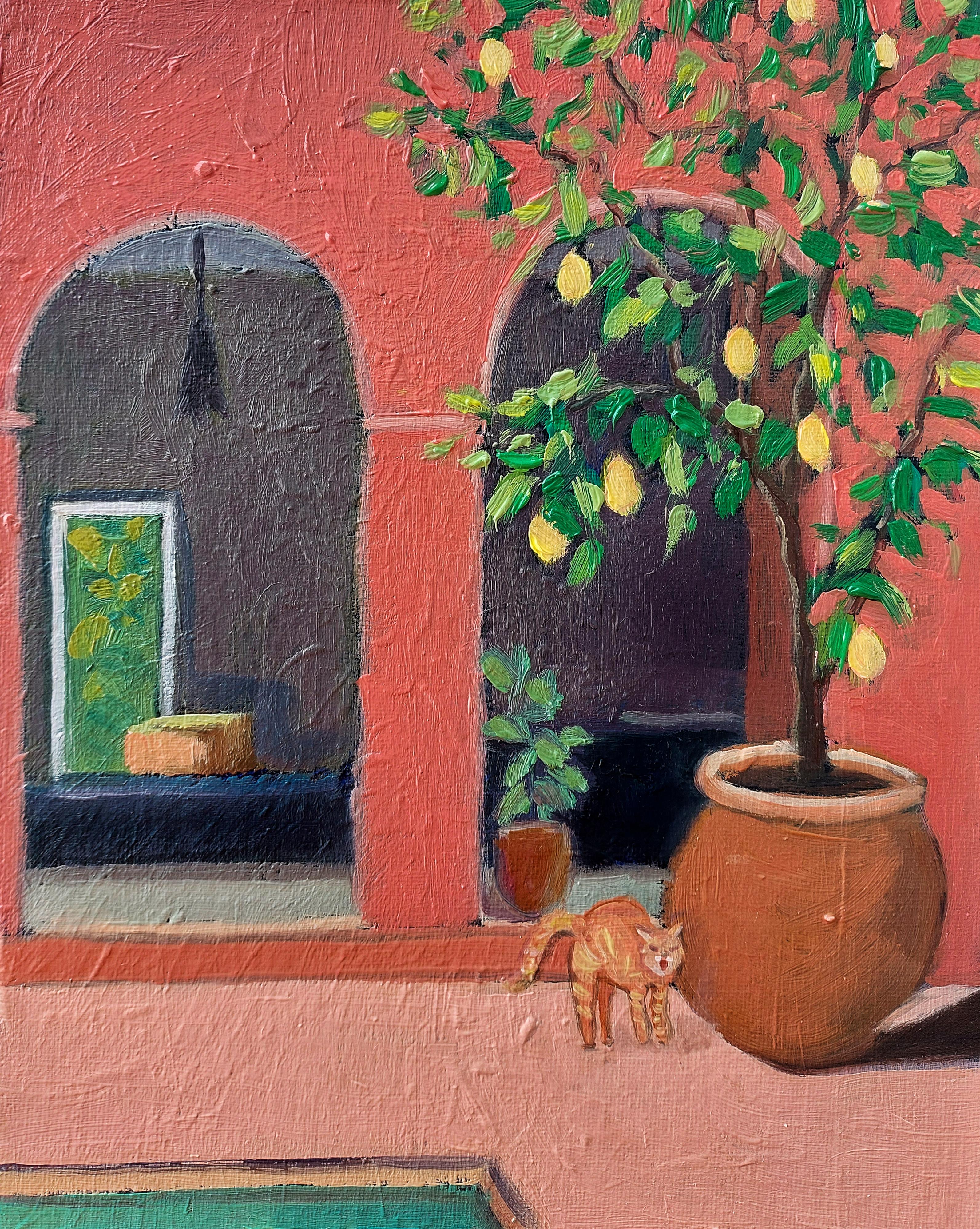Enjoying the Marrakech Original Oil Painting Lemon Tree by Ksenia Tsyganyuk For Sale 1