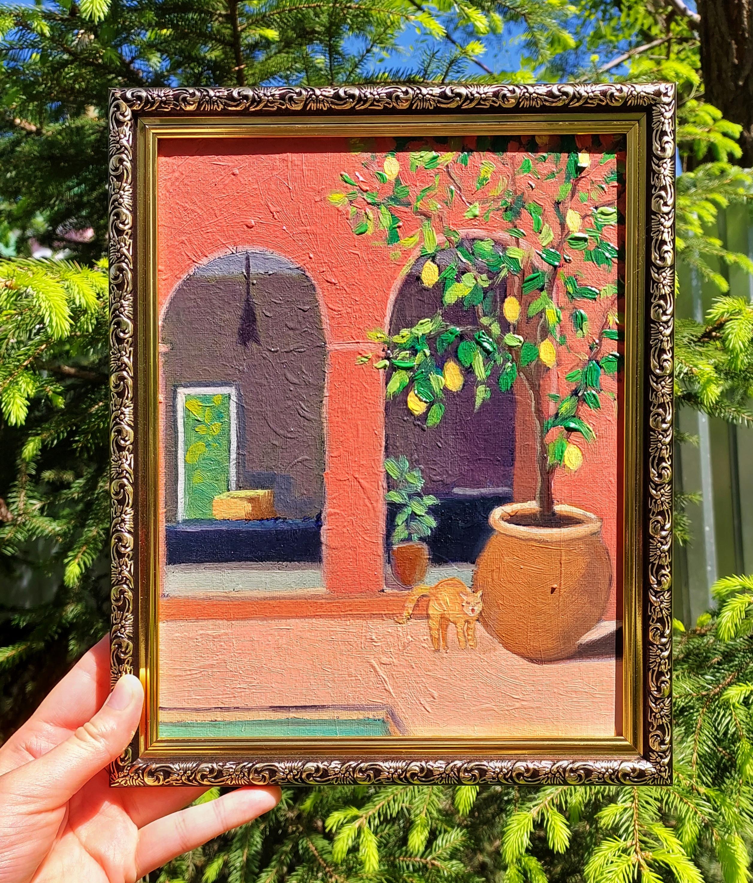 Enjoying the Marrakech Original Oil Painting Lemon Tree by Ksenia Tsyganyuk For Sale 3