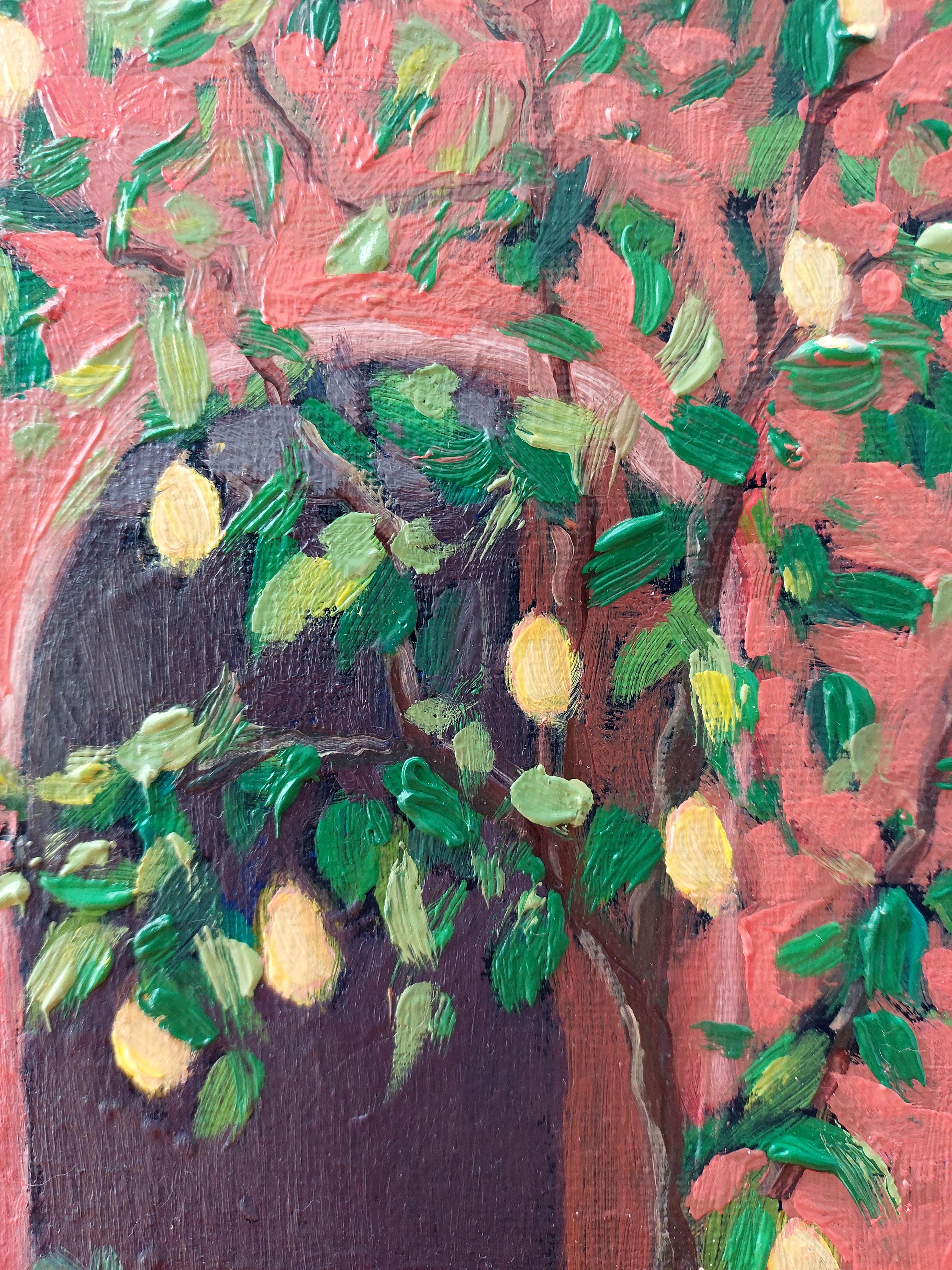 Enjoying the Marrakech Original Oil Painting Lemon Tree by Ksenia Tsyganyuk For Sale 4