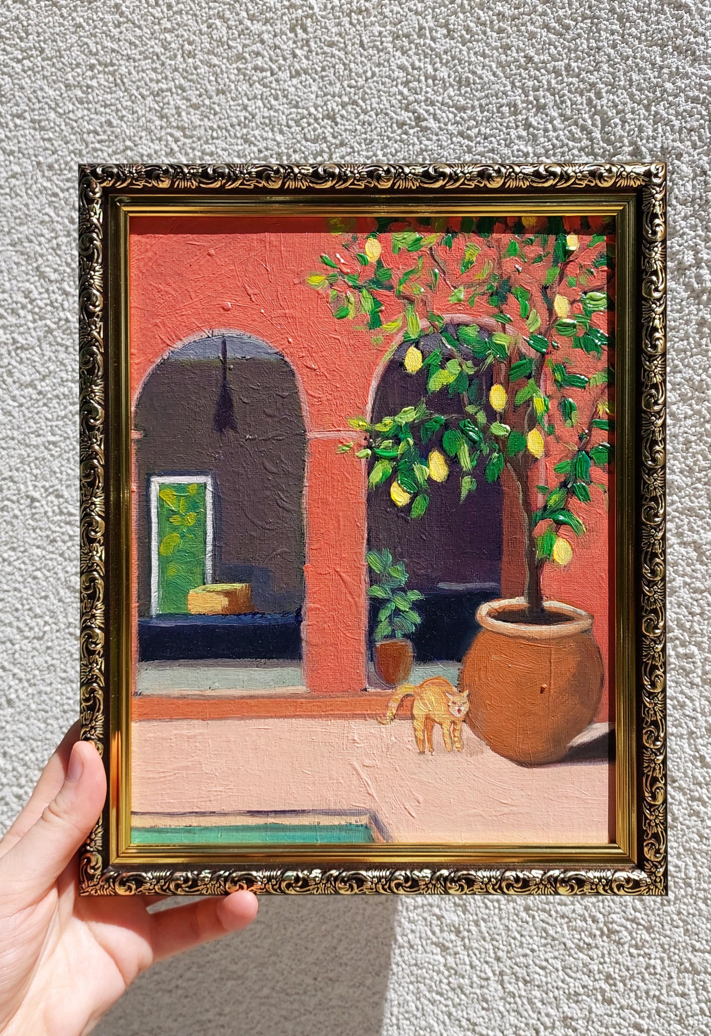 Enjoying the Marrakech Original Oil Painting Lemon Tree by Ksenia Tsyganyuk For Sale 6