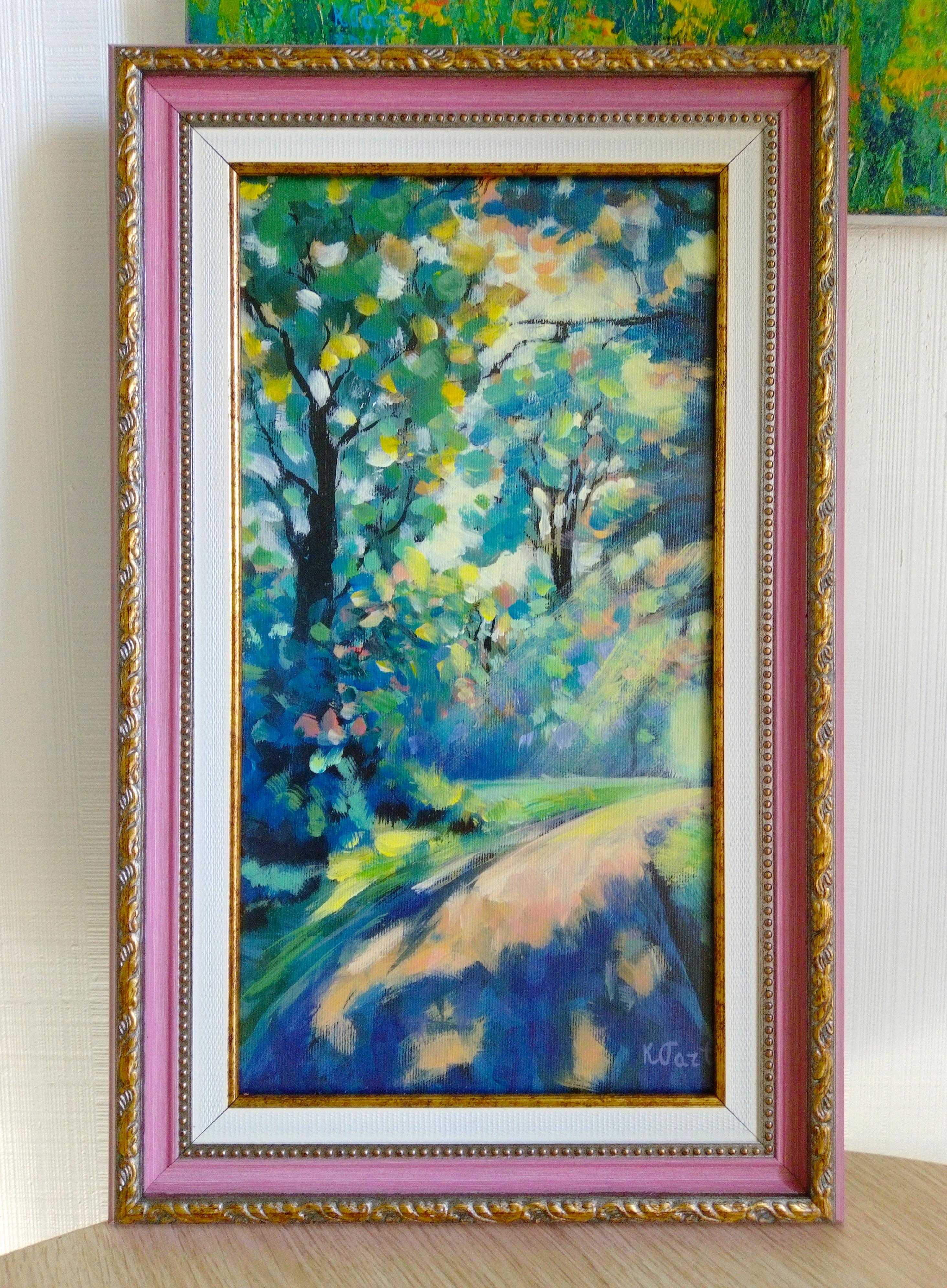Strada forestale Luce Ombra Nature Paesaggio. Quadro originale incorniciato - Painting di Ksenia Tsyganyuk