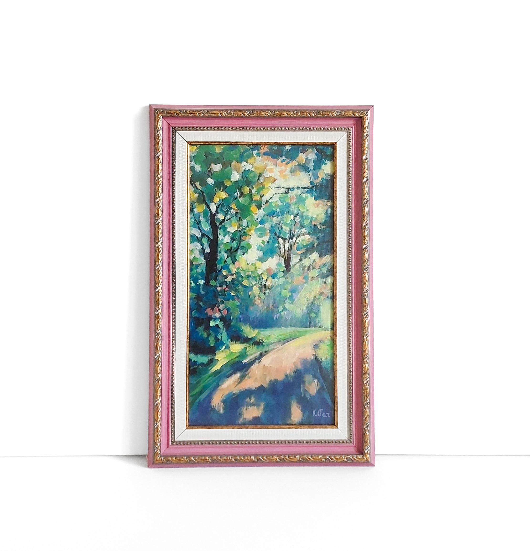 Strada forestale Luce Ombra Nature Paesaggio. Quadro originale incorniciato - Interior Painting Blu di Ksenia Tsyganyuk