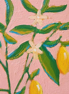 Nature morte arbre fruitier citron peinture à l'huile rose