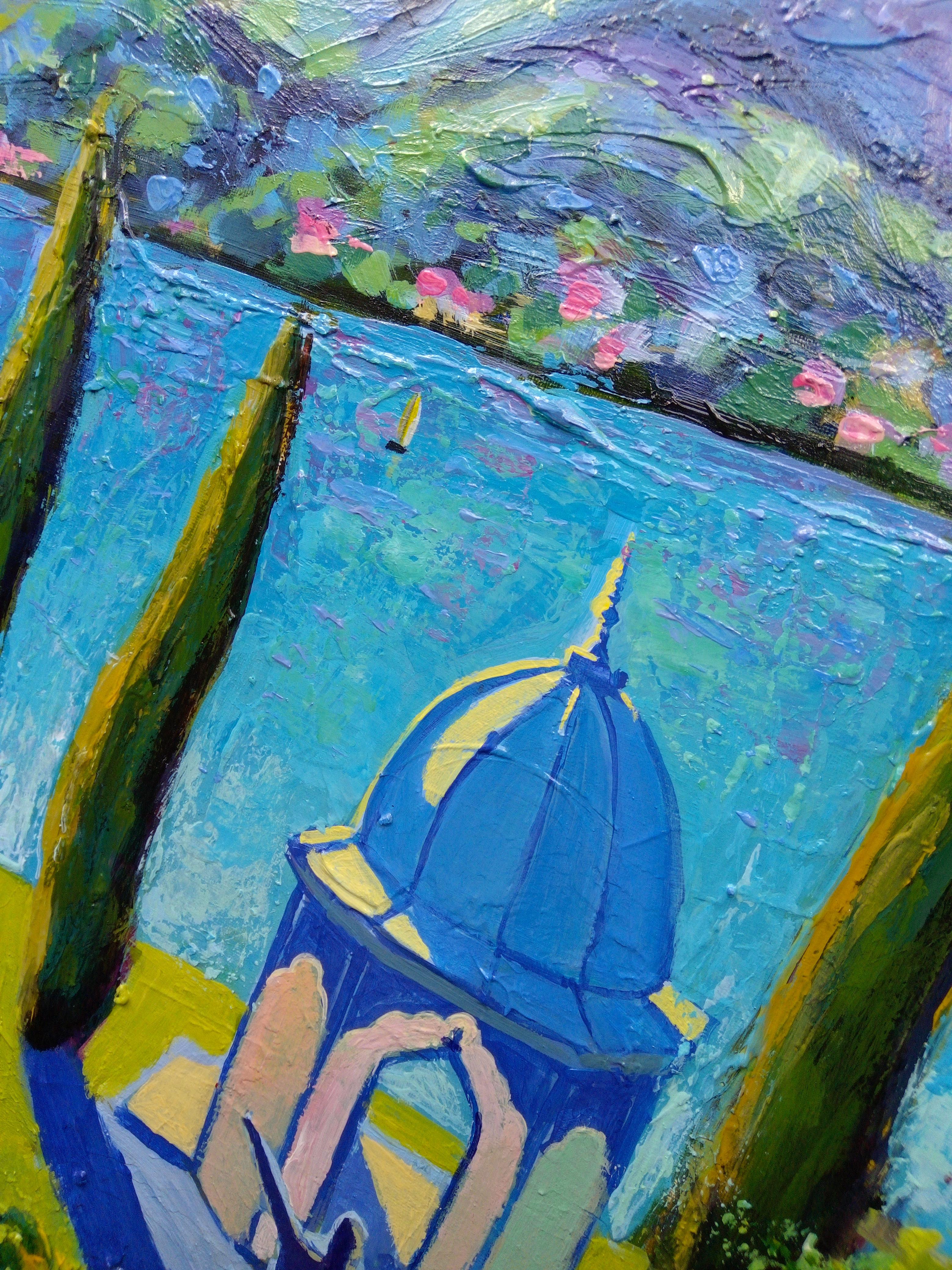 Comer See Italien Landschaft. Original-Gemälde auf Leinwand – Painting von Ksenia Tsyganyuk
