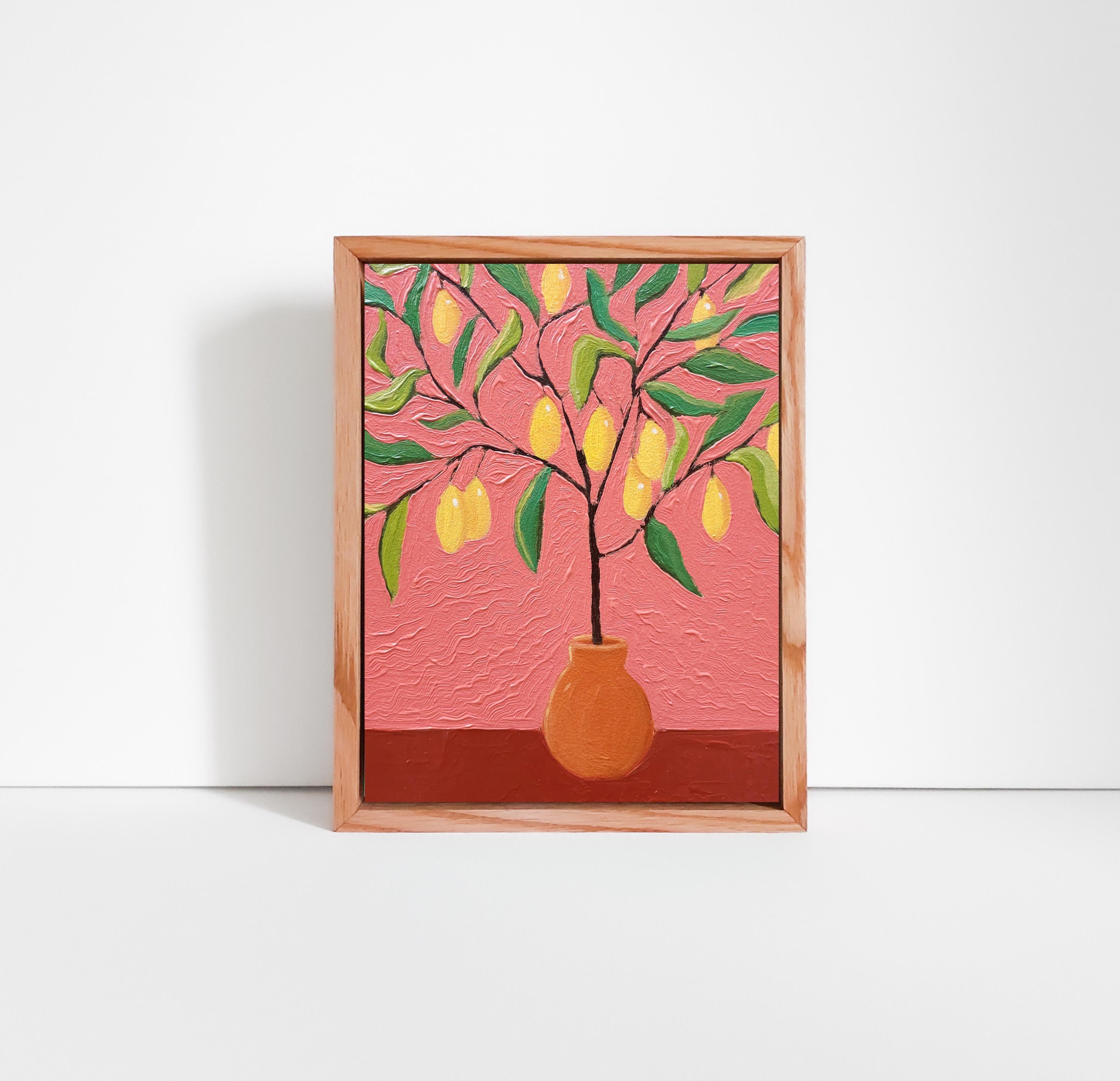 Natura morta di alberi di limone dipinta a olio in rosa. Pittura originale su tela - Painting di Ksenia Tsyganyuk