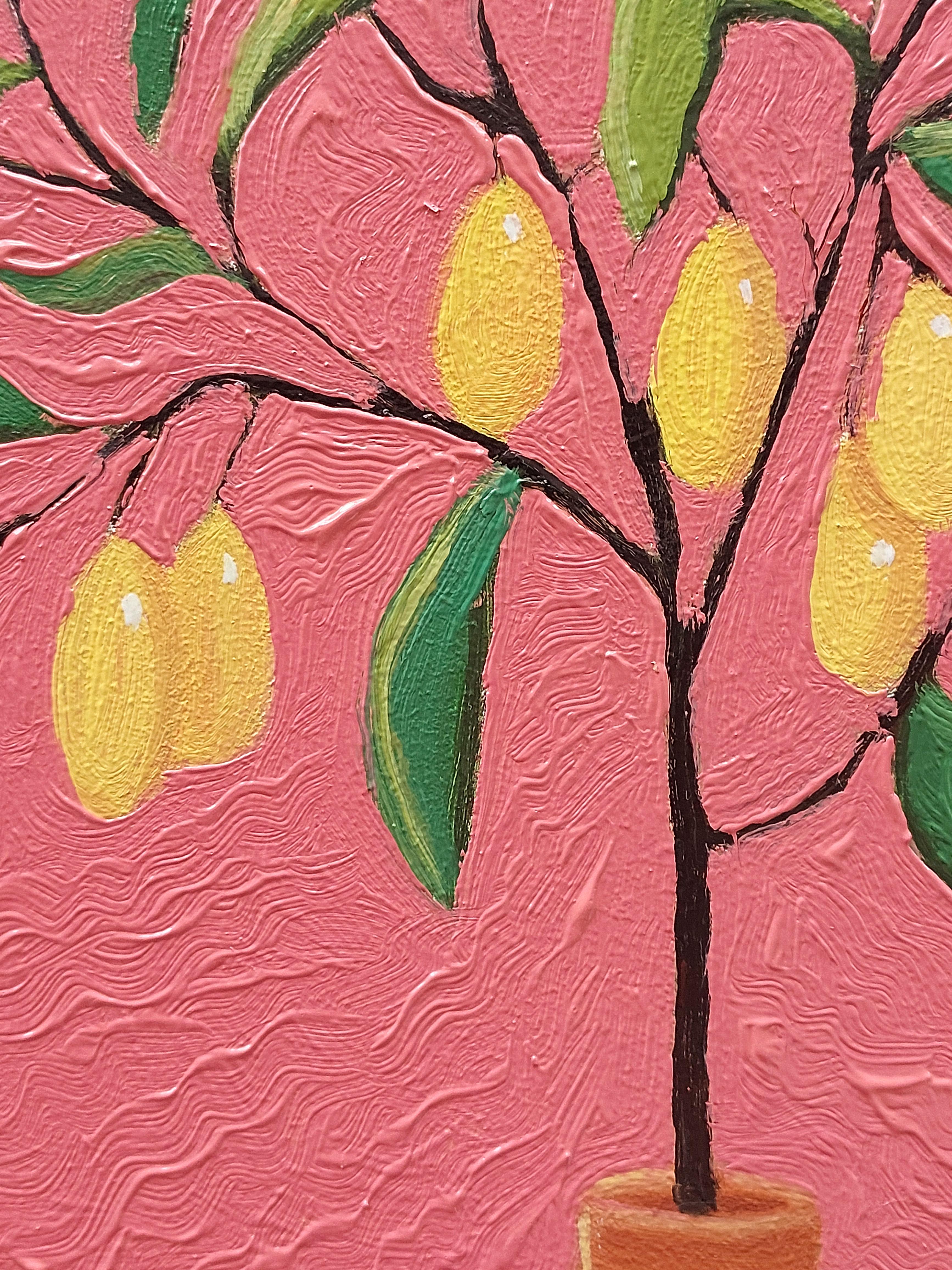 Natura morta di alberi di limone dipinta a olio in rosa. Pittura originale su tela - Interior Painting Arancia di Ksenia Tsyganyuk