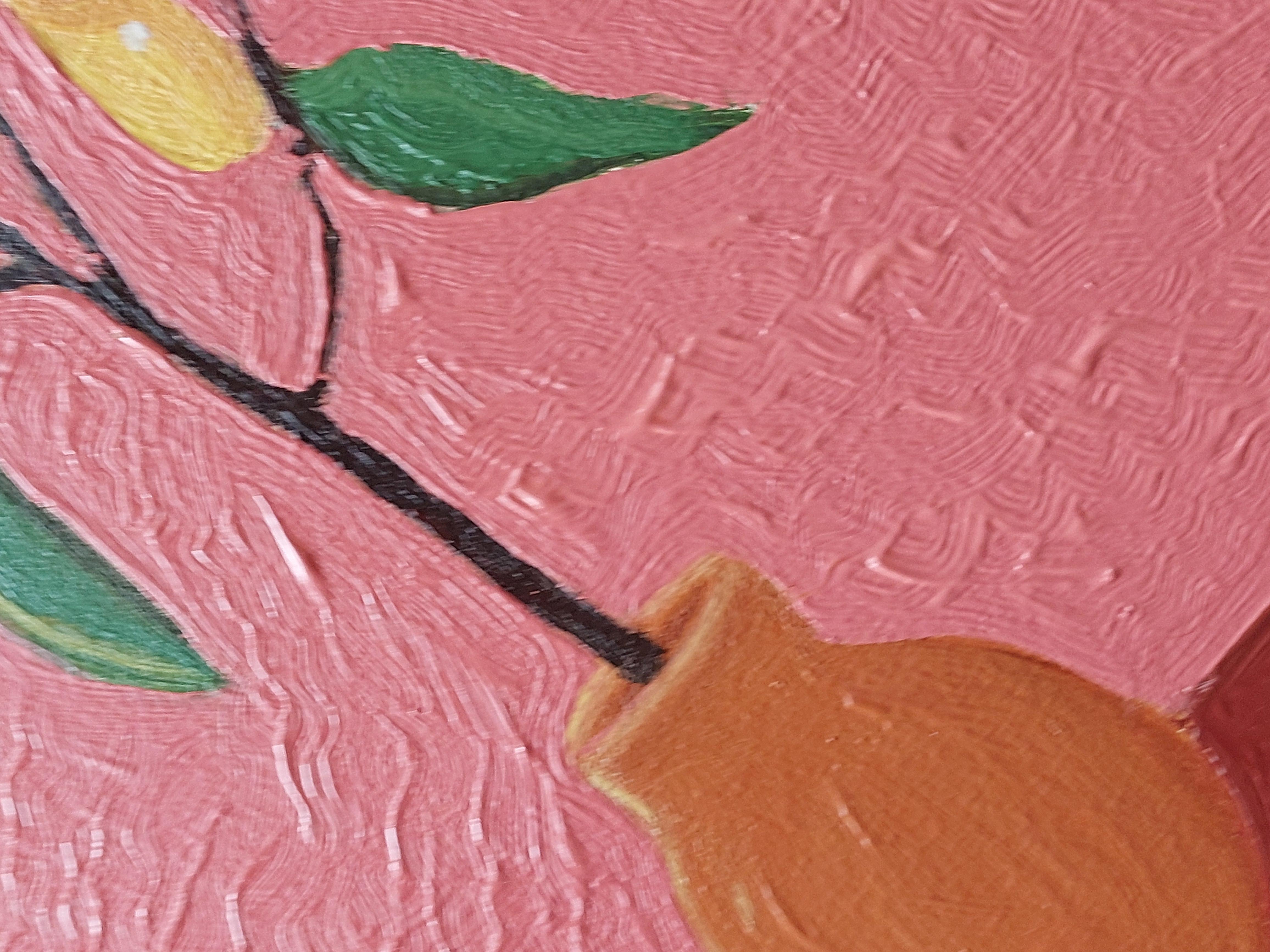 Natura morta di alberi di limone dipinta a olio in rosa. Pittura originale su tela 1
