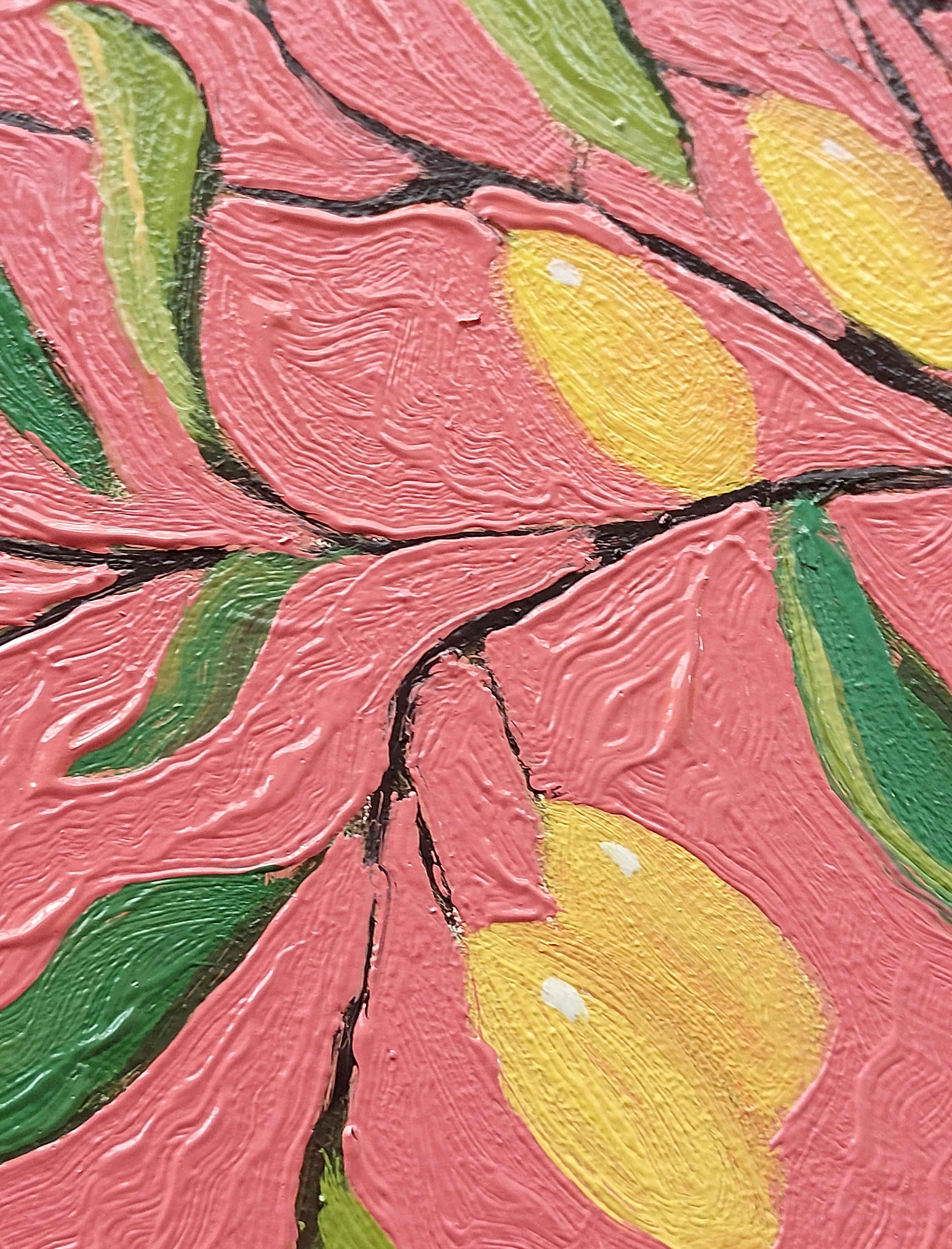 Natura morta di alberi di limone dipinta a olio in rosa. Pittura originale su tela 2