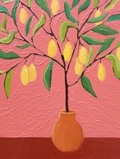 Natura morta di alberi di limone dipinta a olio in rosa. Pittura originale su tela