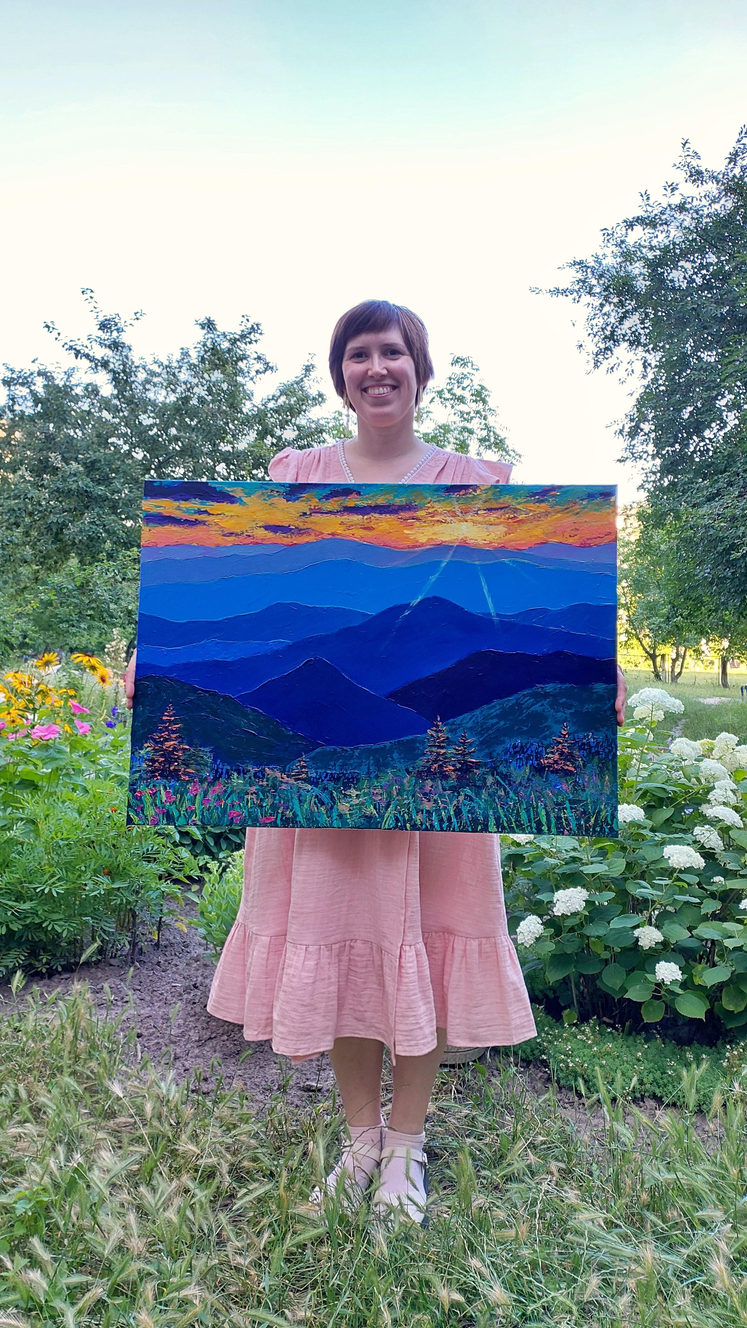 Paesaggio montano con cielo al tramonto panoramico. Quadro originale di grandi dimensioni - Painting di Ksenia Tsyganyuk
