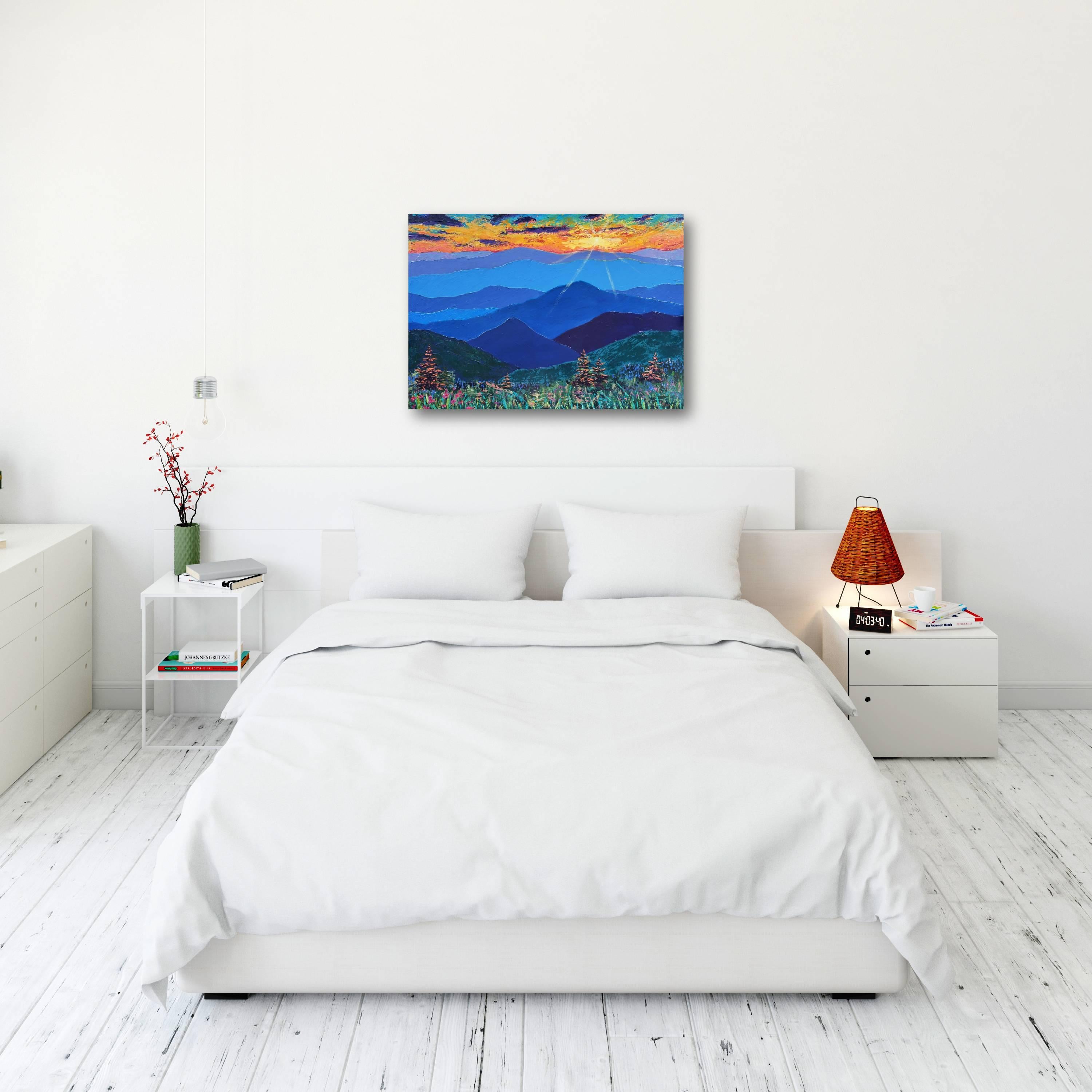 Paesaggio montano con cielo al tramonto panoramico. Quadro originale di grandi dimensioni - Interior Painting Blu di Ksenia Tsyganyuk