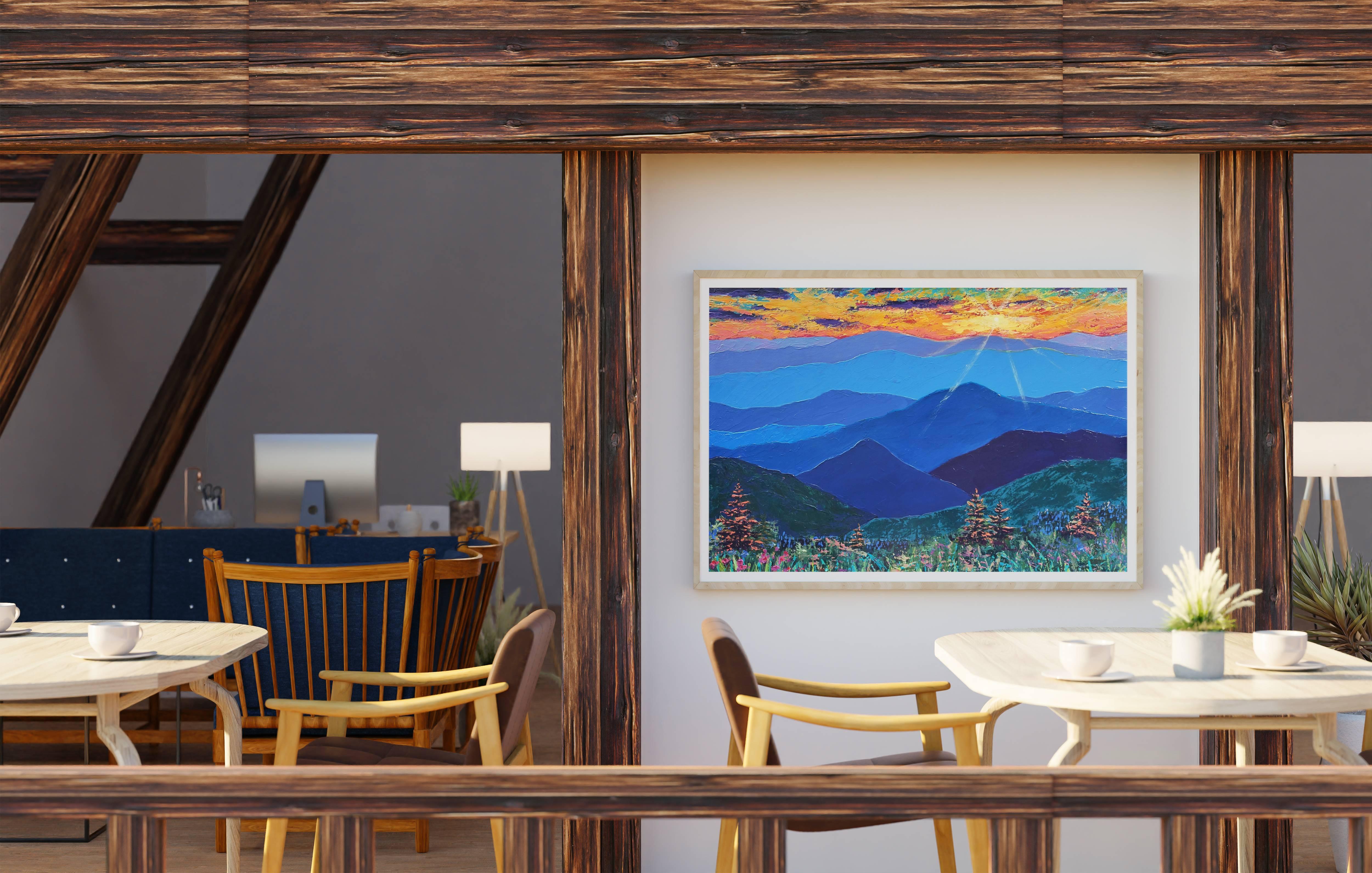 Paesaggio montano con cielo al tramonto panoramico. Quadro originale di grandi dimensioni 1