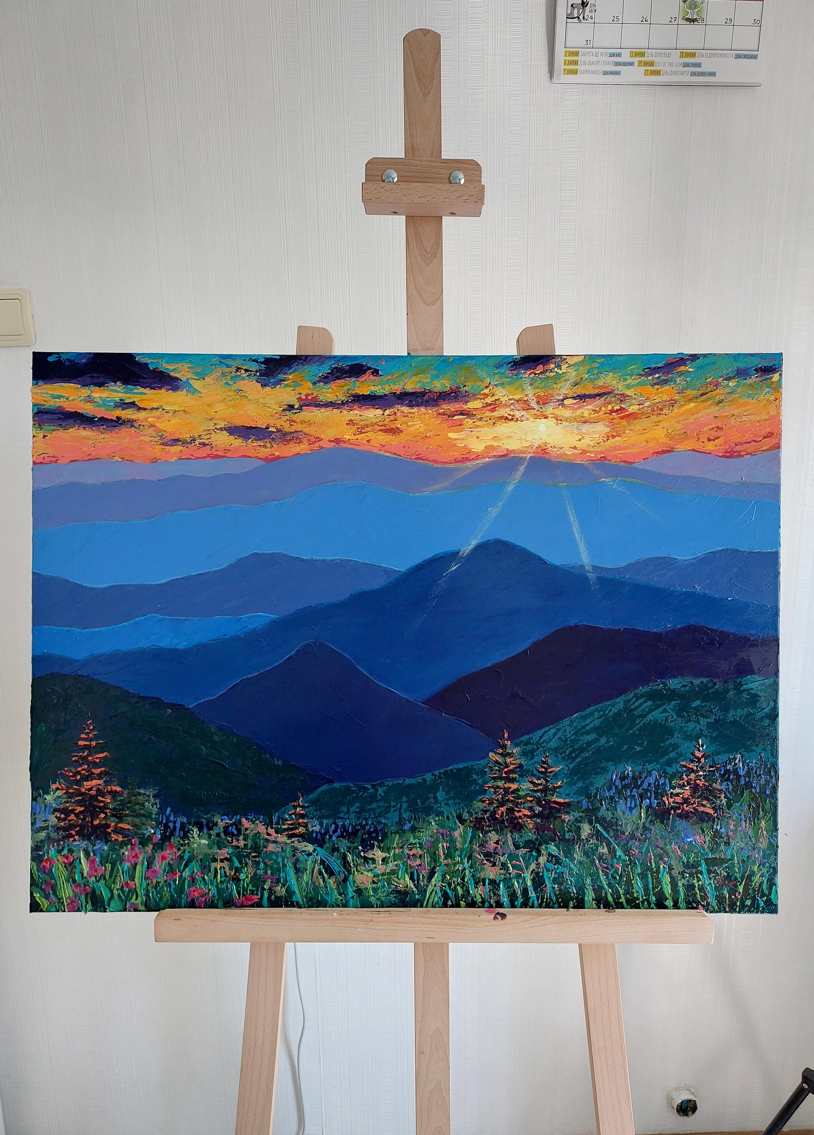 Paesaggio montano con cielo al tramonto panoramico. Quadro originale di grandi dimensioni 3