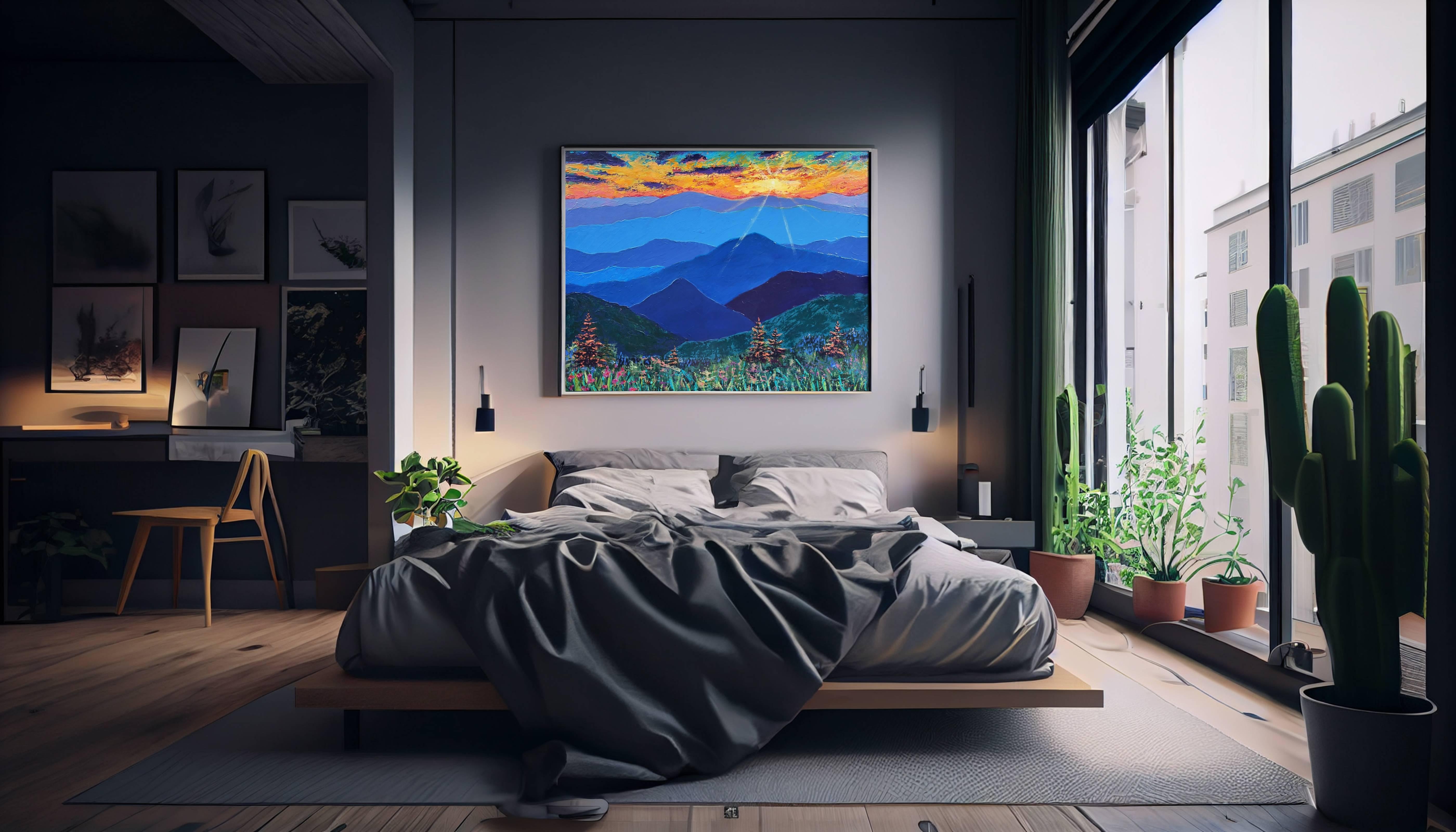Paesaggio montano con cielo al tramonto panoramico. Quadro originale di grandi dimensioni 4
