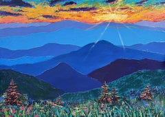 Mountain Landscape with Sunset Sky Panoramic. Large Original Painting