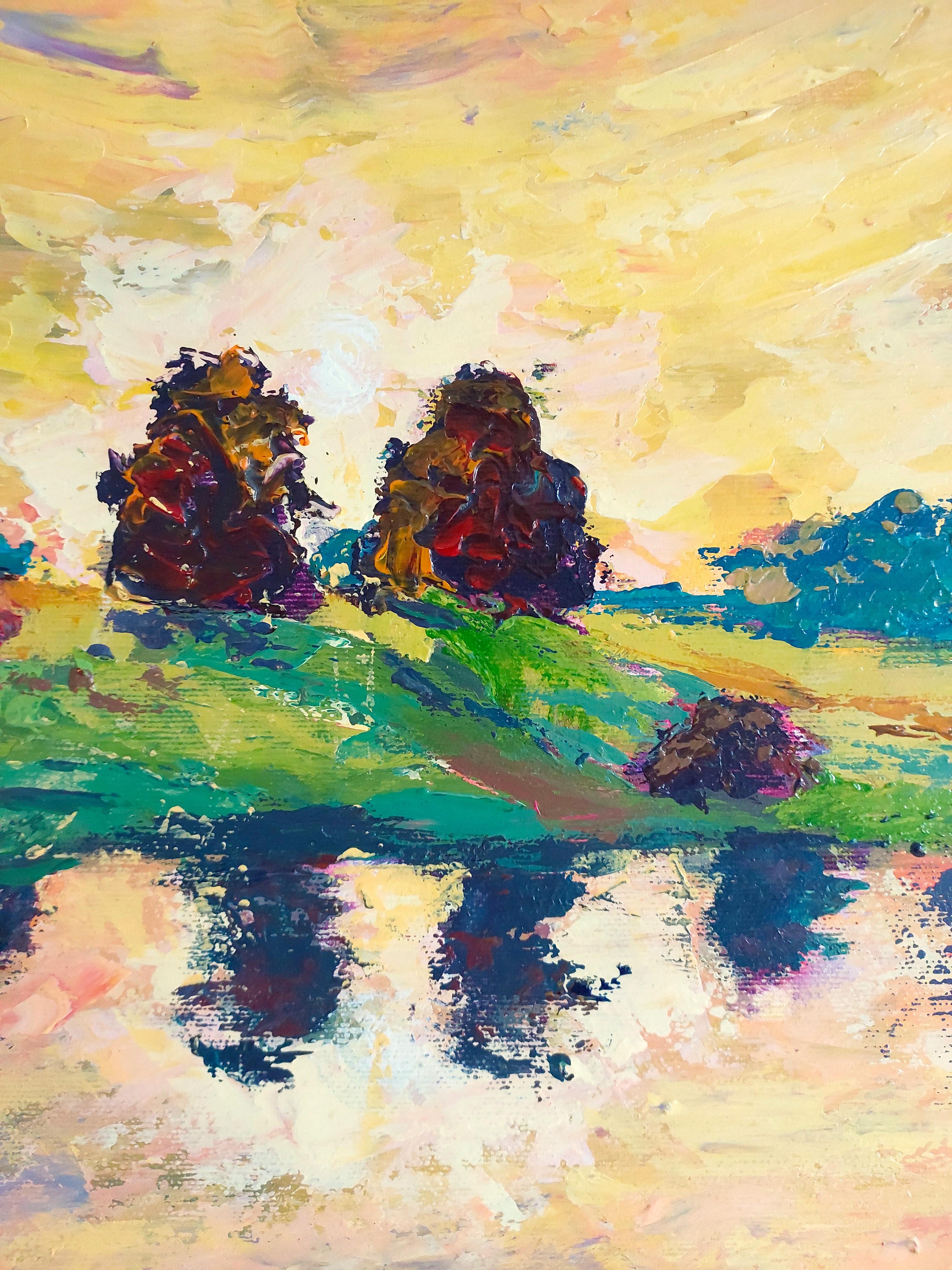 Ce paysage semi-abstrait capture le soleil au moment où il se couche, jetant une douce lueur lumineuse sur le lac. Il s'agit d'une méditation silencieuse sur la nature éphémère de la vie, en particulier lorsqu'elle est vécue 