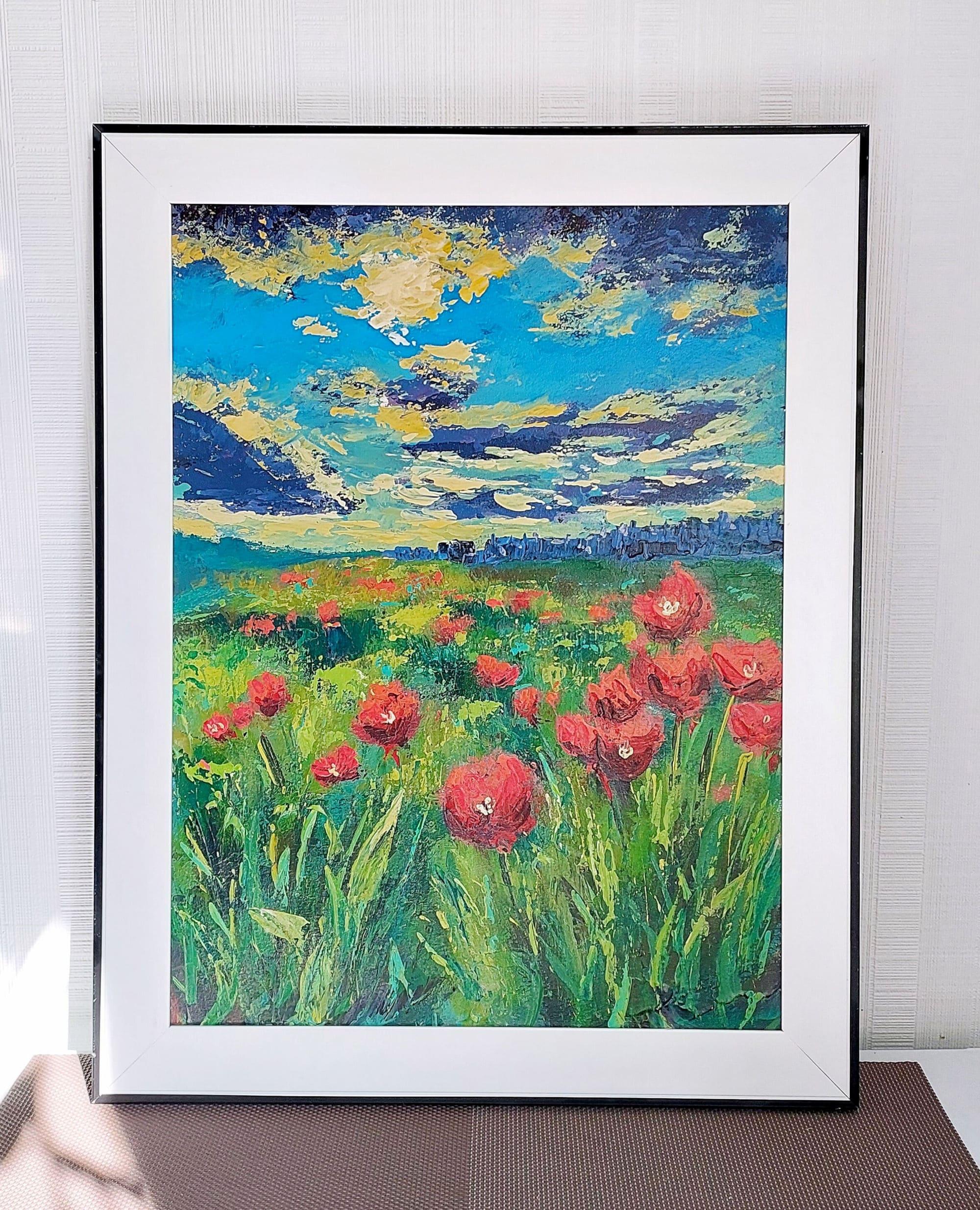Champs de coquelicots Open Sky Paysage ukrainien - Painting de Ksenia Tsyganyuk