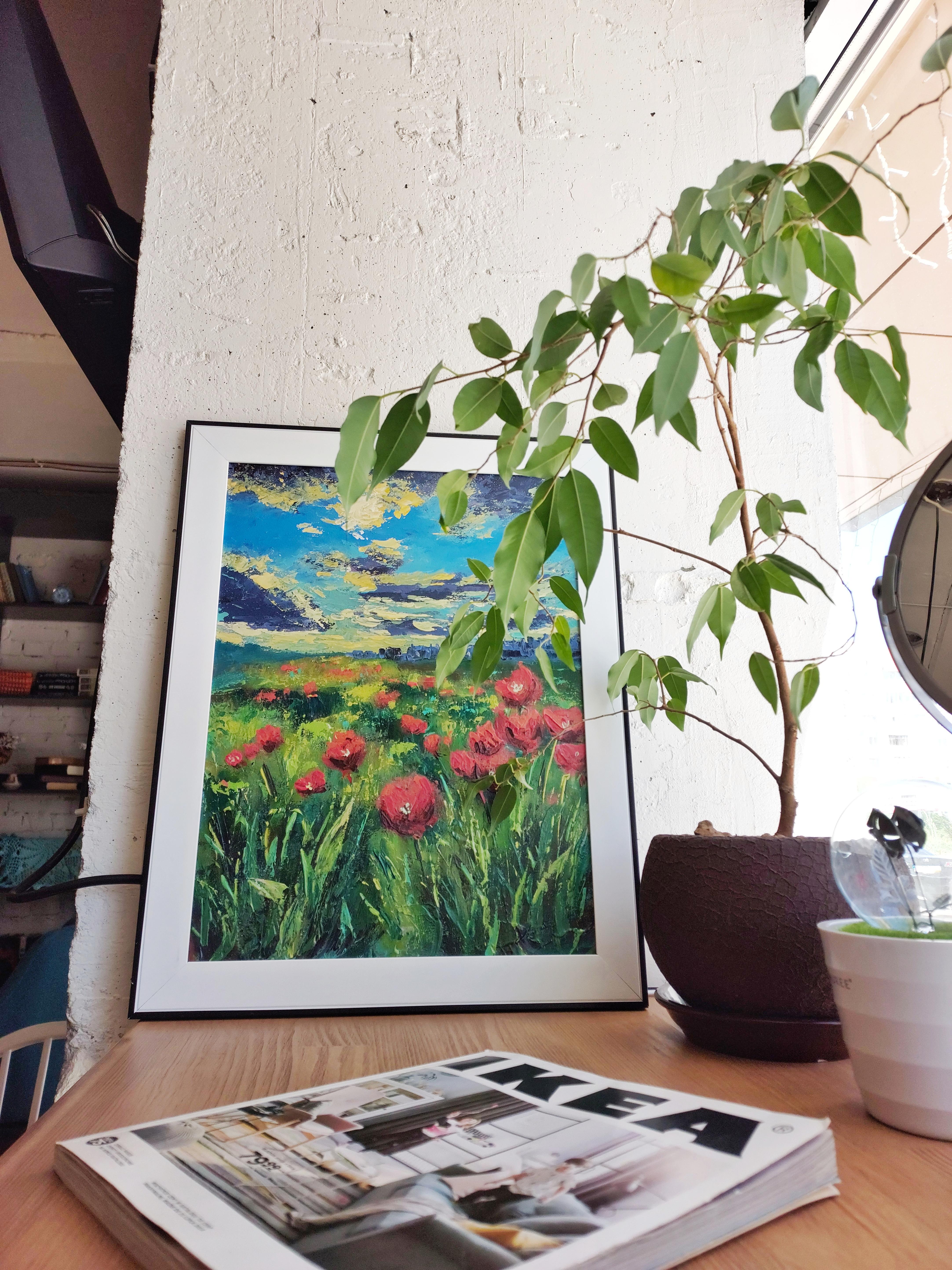 Champs de coquelicots Open Sky Paysage ukrainien - Post-impressionnisme Painting par Ksenia Tsyganyuk