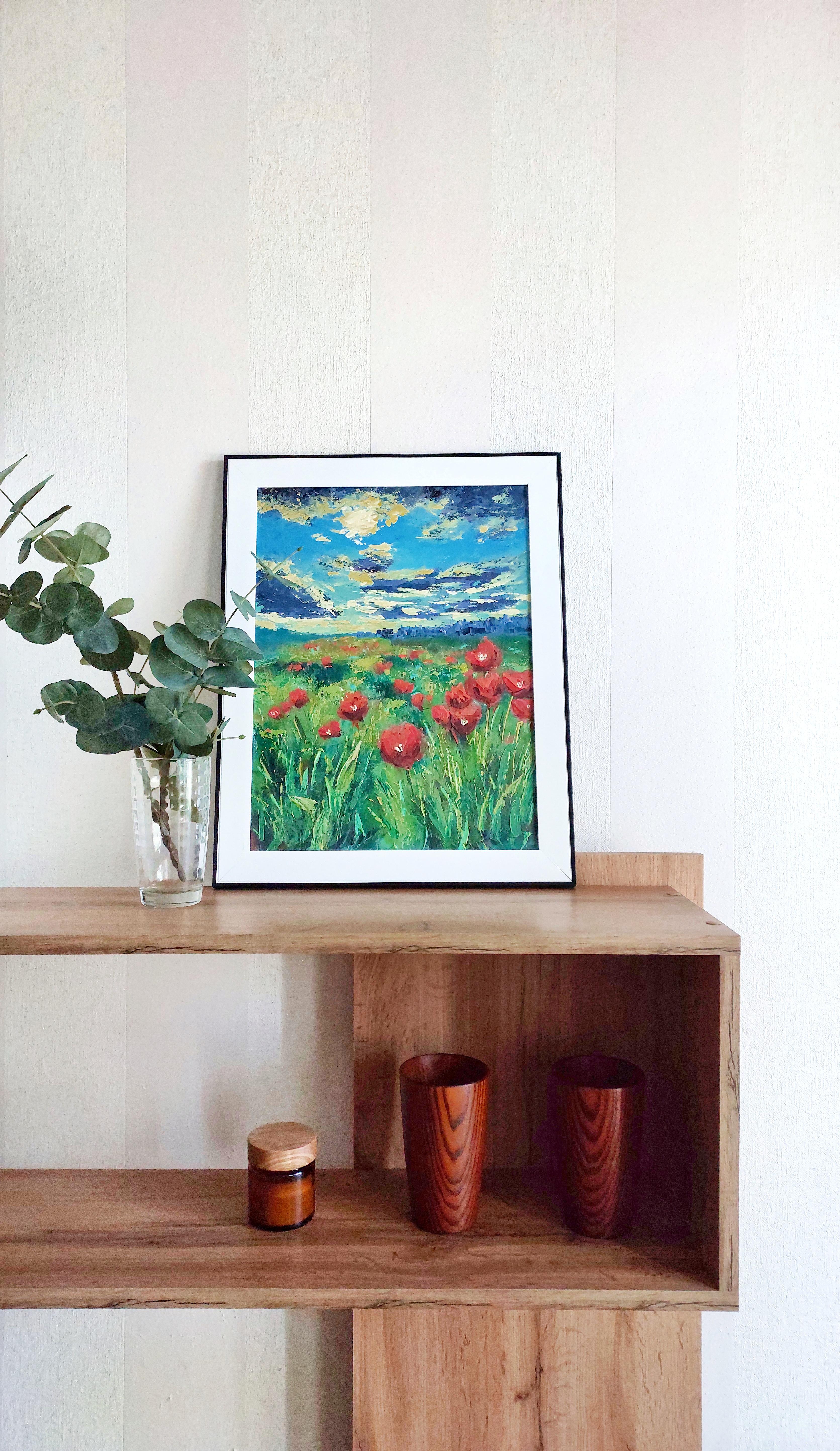 Champs de coquelicots Open Sky Paysage ukrainien - Bleu Interior Painting par Ksenia Tsyganyuk