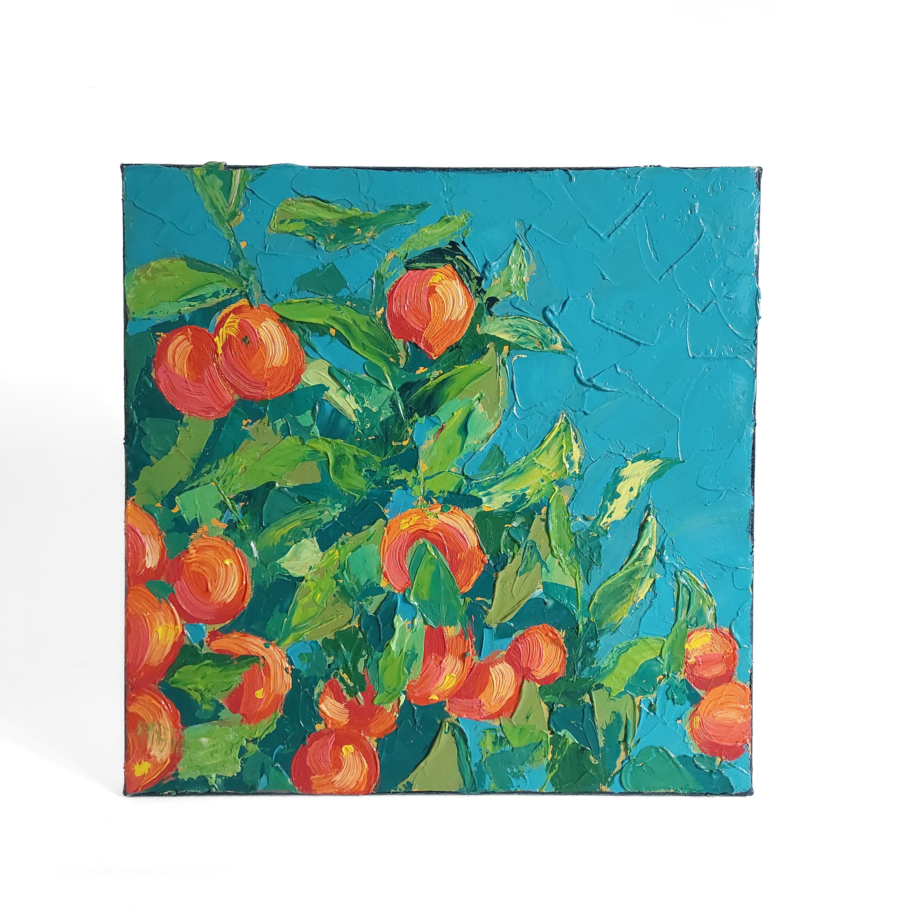 Sonnenbeschienene Mandarinen (Blau), Landscape Painting, von Ksenia Tsyganyuk