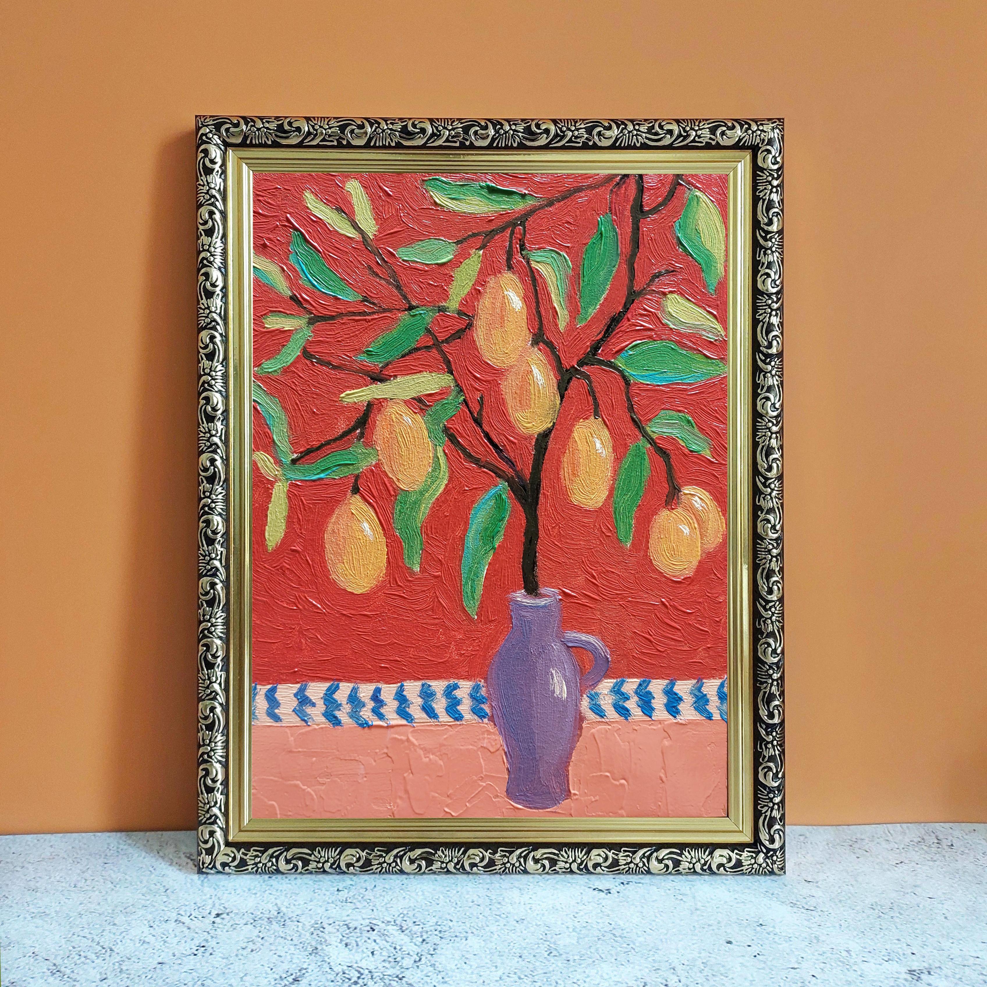 Pittura ad olio originale di Ksenia Tsyganyuk sull'Albero di Limone in agrodolce