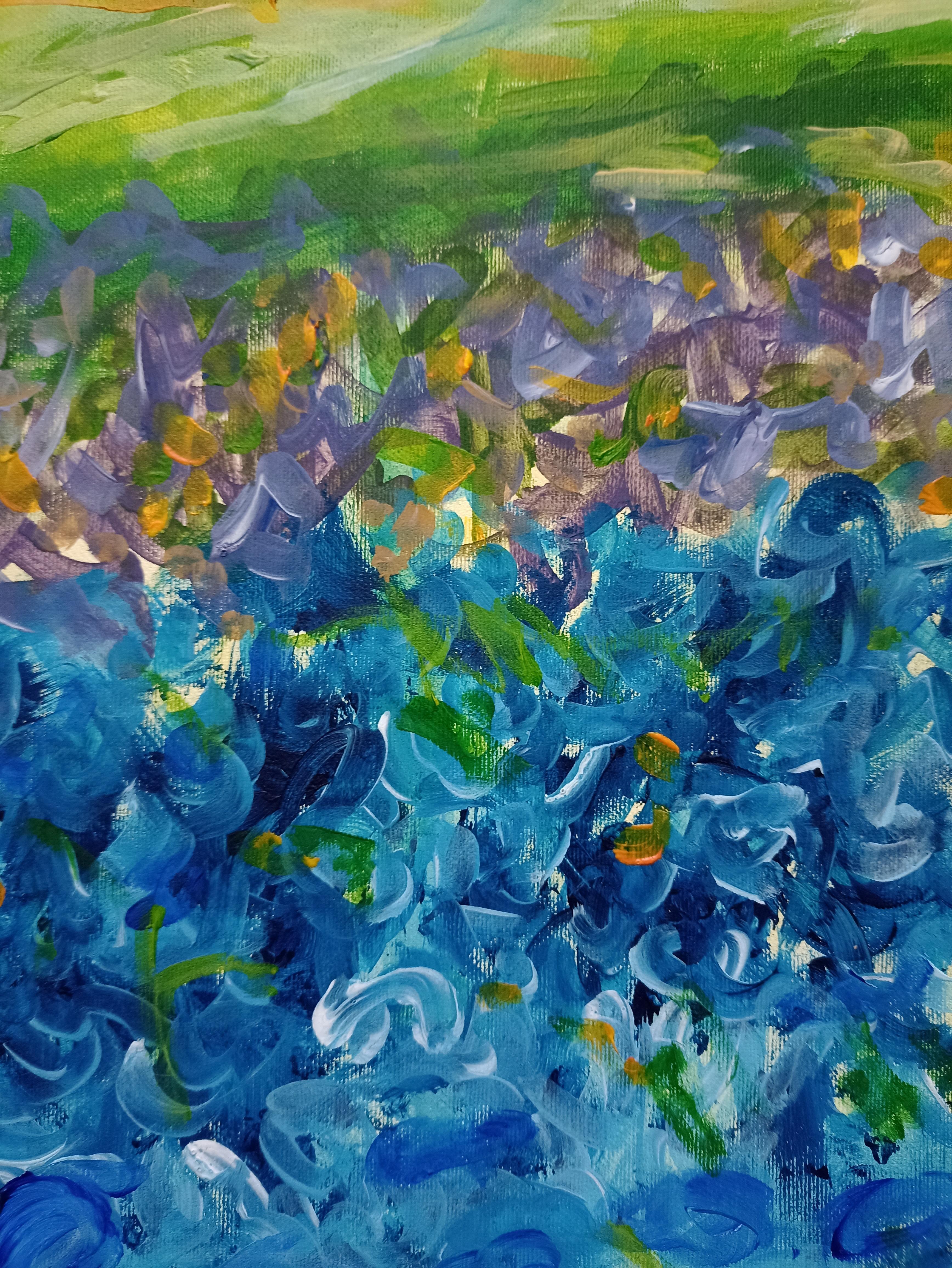 Fluye en el valle de la vida - Landscape Painting Gris de Kseniia Ivanova