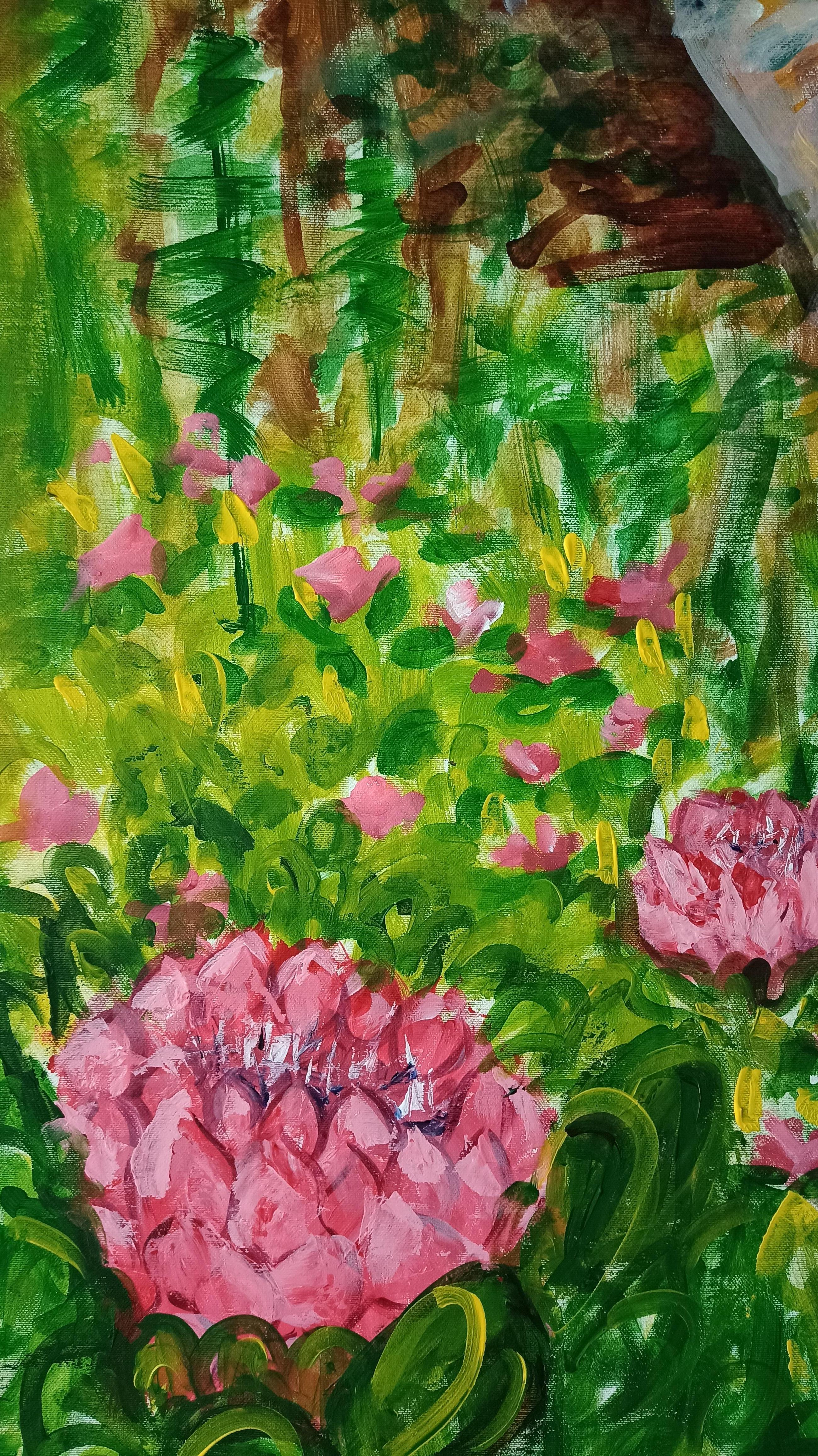 Dieses Werk ist eine visuelle Meditation über die Entscheidung, selbst unter den extremen, bergigen Bedingungen der Existenz lebendig und offen zu bleiben. Die Blumen, als Metapher für die innere Stärke, wachsen aus dem wilden Terrain - nicht trotz,