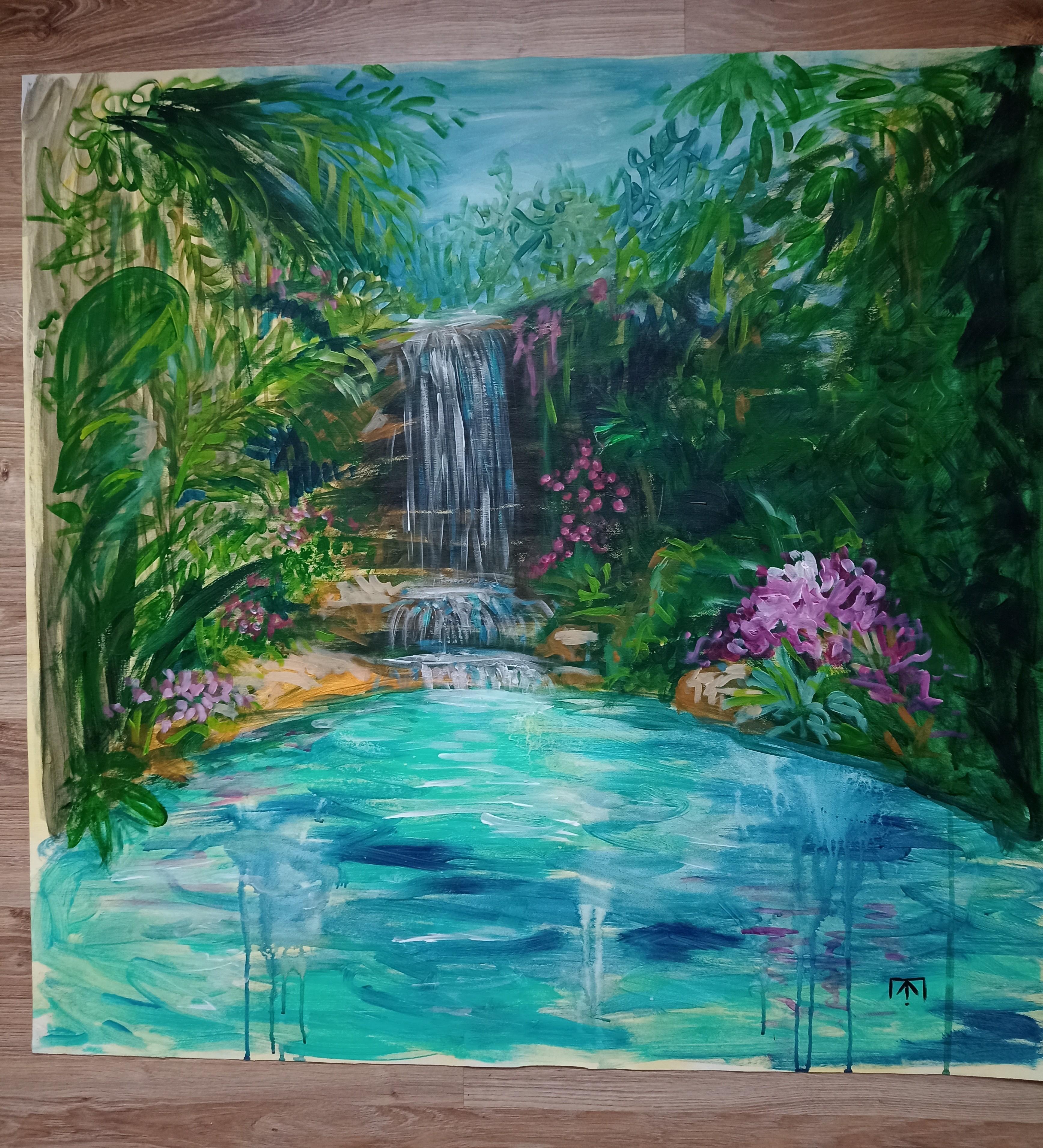 Cascade de rêves - Bleu Landscape Painting par Kseniia Ivanova