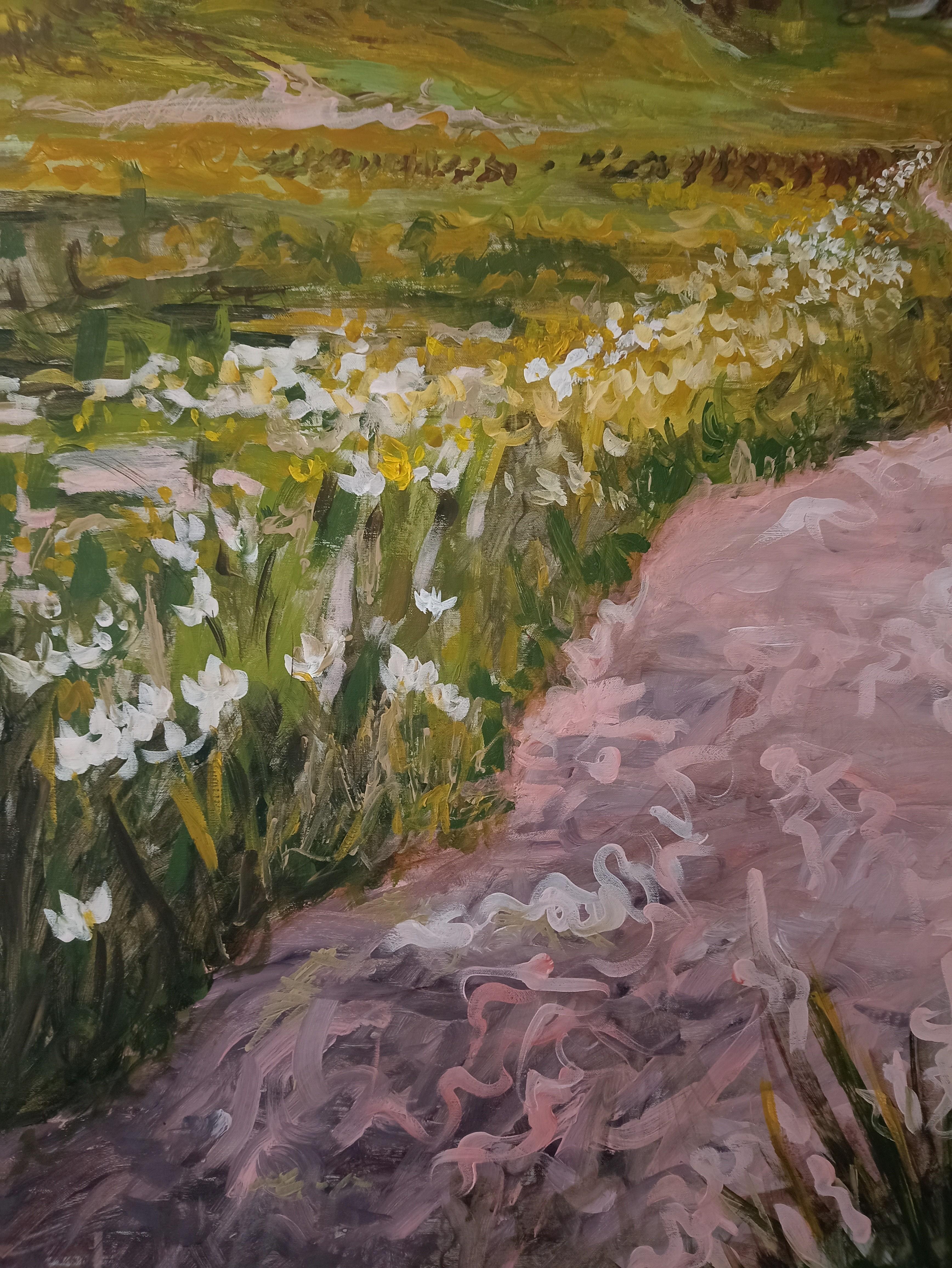 shipped in roll 
size of artwork 150x120  + 10 cm 
This work is about tenderness and strength, about the path, choice and movement. The river gently unfolds its flow through fields of flowering grasses to mountains shining in pink and grey
