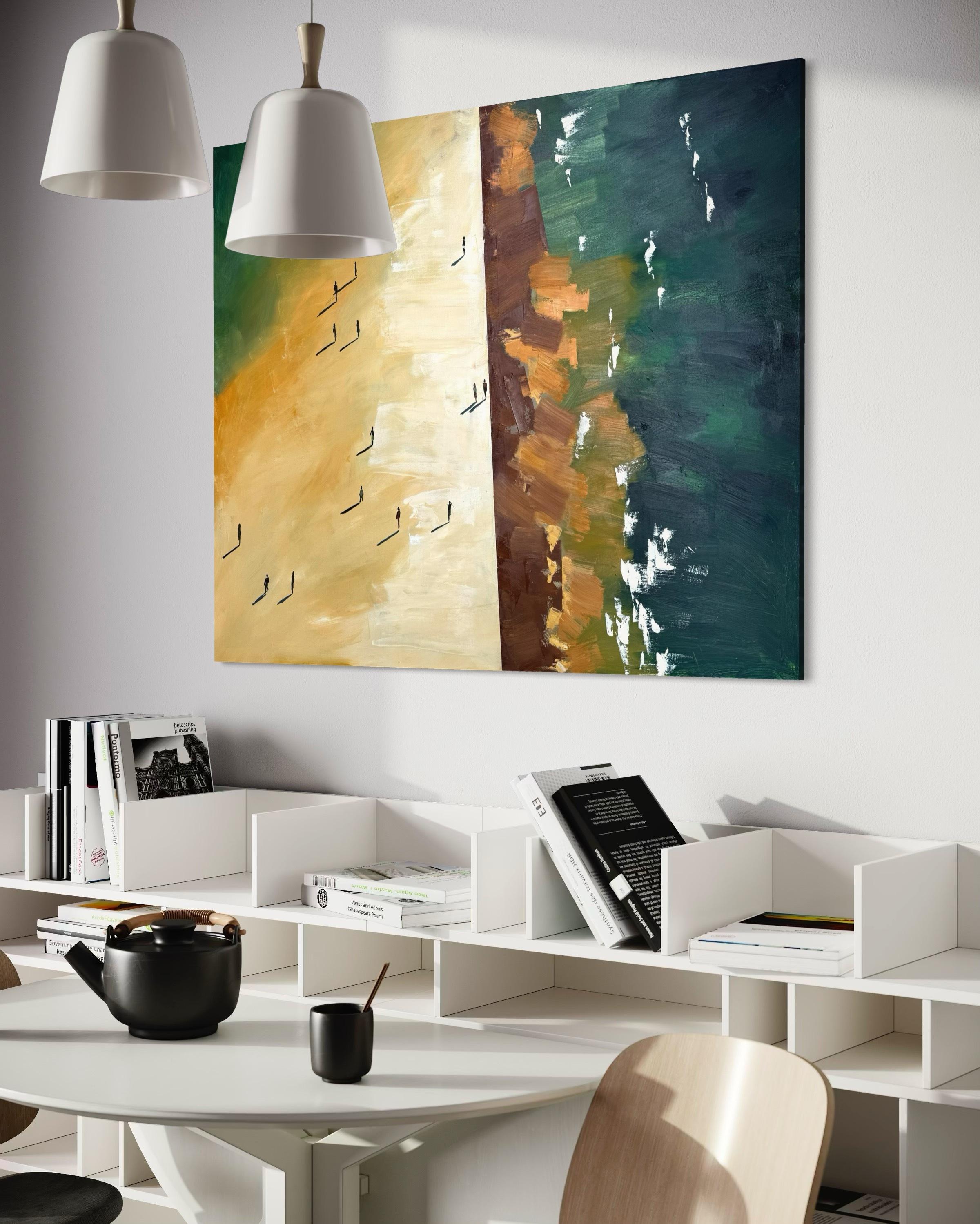 Dieses Gemälde lädt den Betrachter ein, sich über den Lärm des Alltagslebens zu erheben und die Welt aus einer höheren Perspektive zu sehen. Von oben betrachtet, entfaltet sich die Szene in heiterem Kontrast - die weite, strukturierte Fläche des