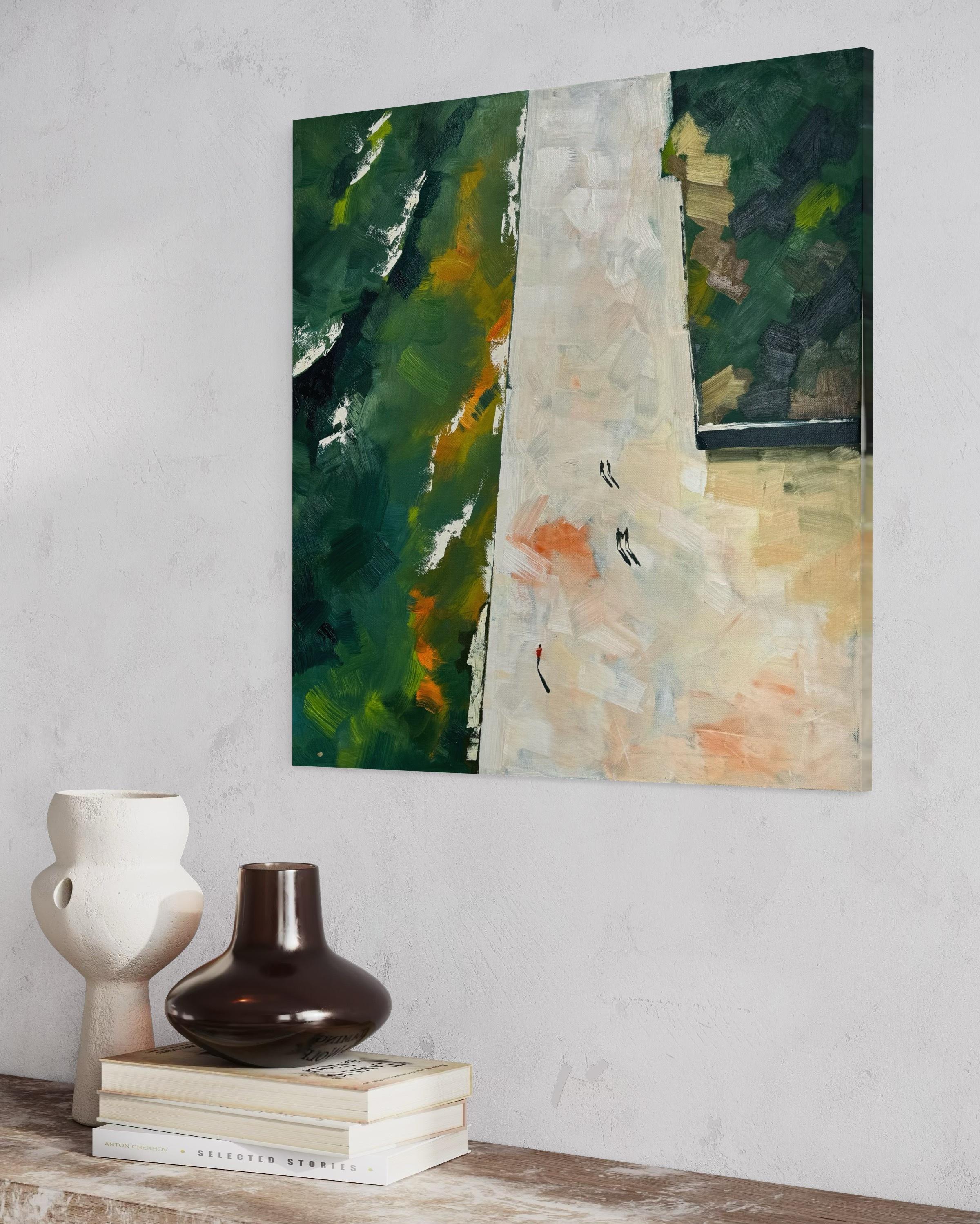 Dieses Gemälde lädt den Betrachter ein, sich über den Lärm des Alltagslebens zu erheben und die Welt aus einer höheren Perspektive zu sehen. Von oben betrachtet, entfaltet sich die Szene in heiterem Kontrast - die weite, strukturierte Fläche des