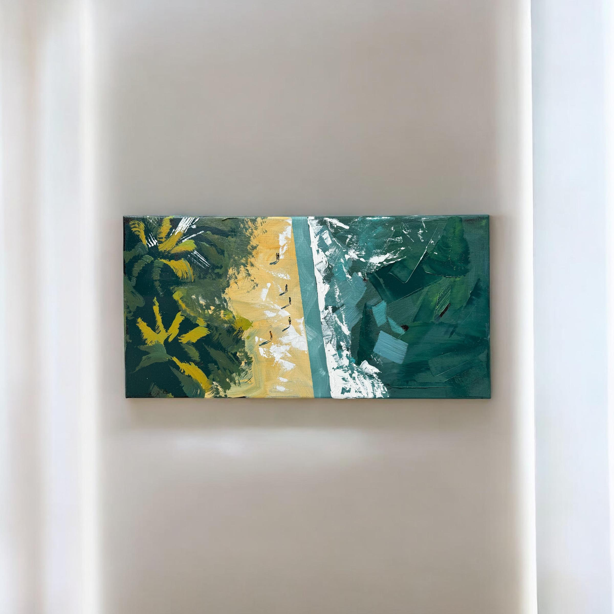 Cette peinture invite le spectateur à s'élever au-dessus du bruit de la vie quotidienne et à voir le monde d'un point de vue plus élevé. Vue d'en haut, la scène se déroule dans un contraste serein - la vaste étendue texturée d'eaux bleues et vertes