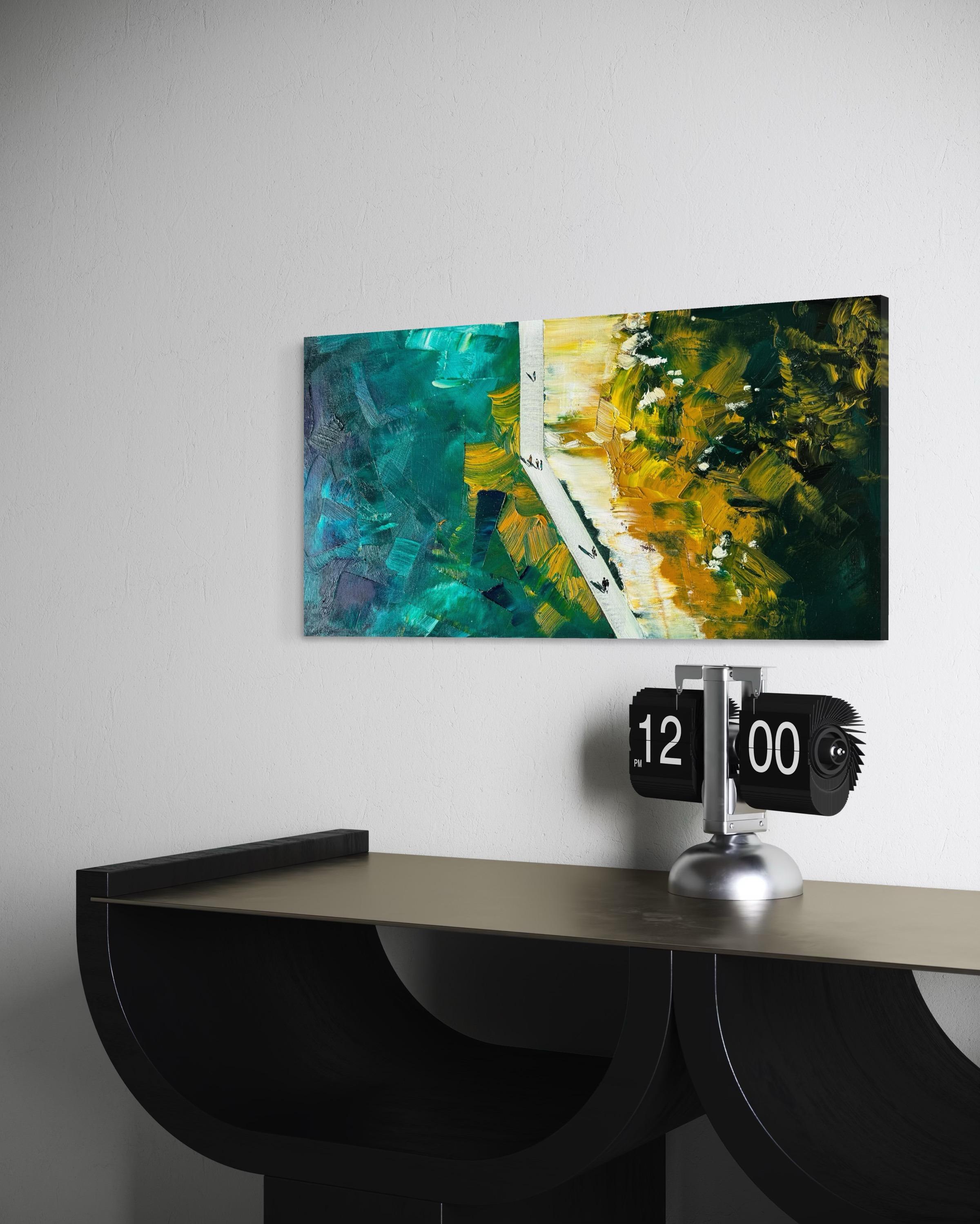 Dieses Gemälde lädt den Betrachter ein, sich über den Lärm des Alltagslebens zu erheben und die Welt aus einer höheren Perspektive zu sehen. Von oben betrachtet, entfaltet sich die Szene in heiterem Kontrast - die weite, strukturierte Fläche des