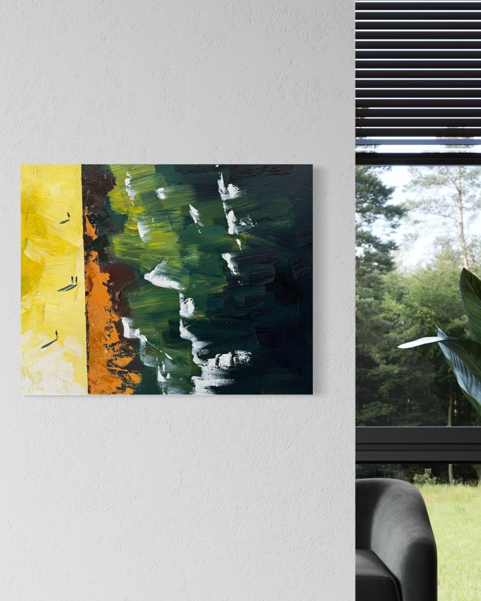 Cette peinture invite le spectateur à s'élever au-dessus du bruit de la vie quotidienne et à voir le monde d'un point de vue plus élevé. Vue d'en haut, la scène se déroule dans un contraste serein - la vaste étendue texturée d'eaux bleues et vertes