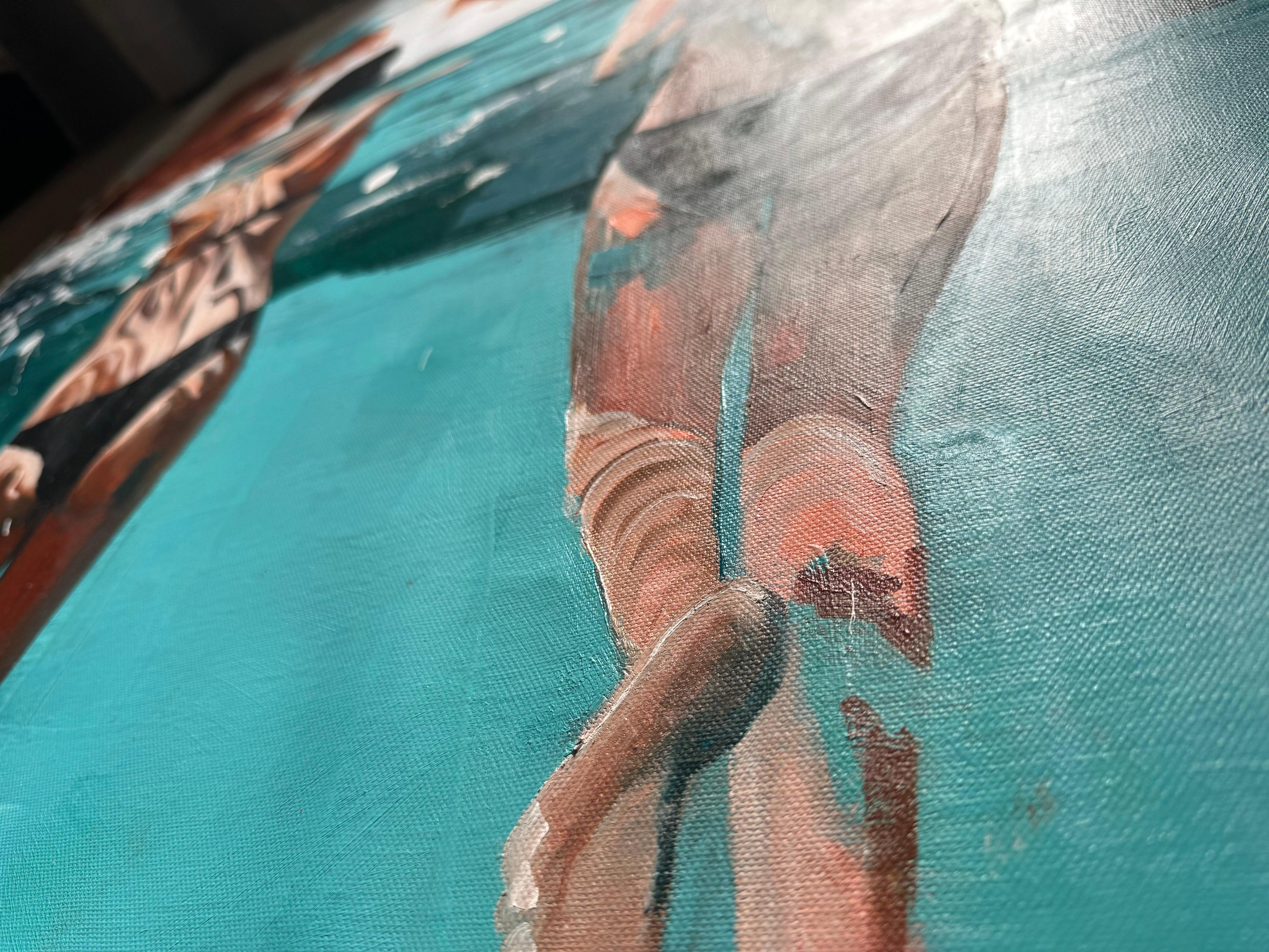 Happy at the ocean - Blue Figurative Painting by Kseniya Rai