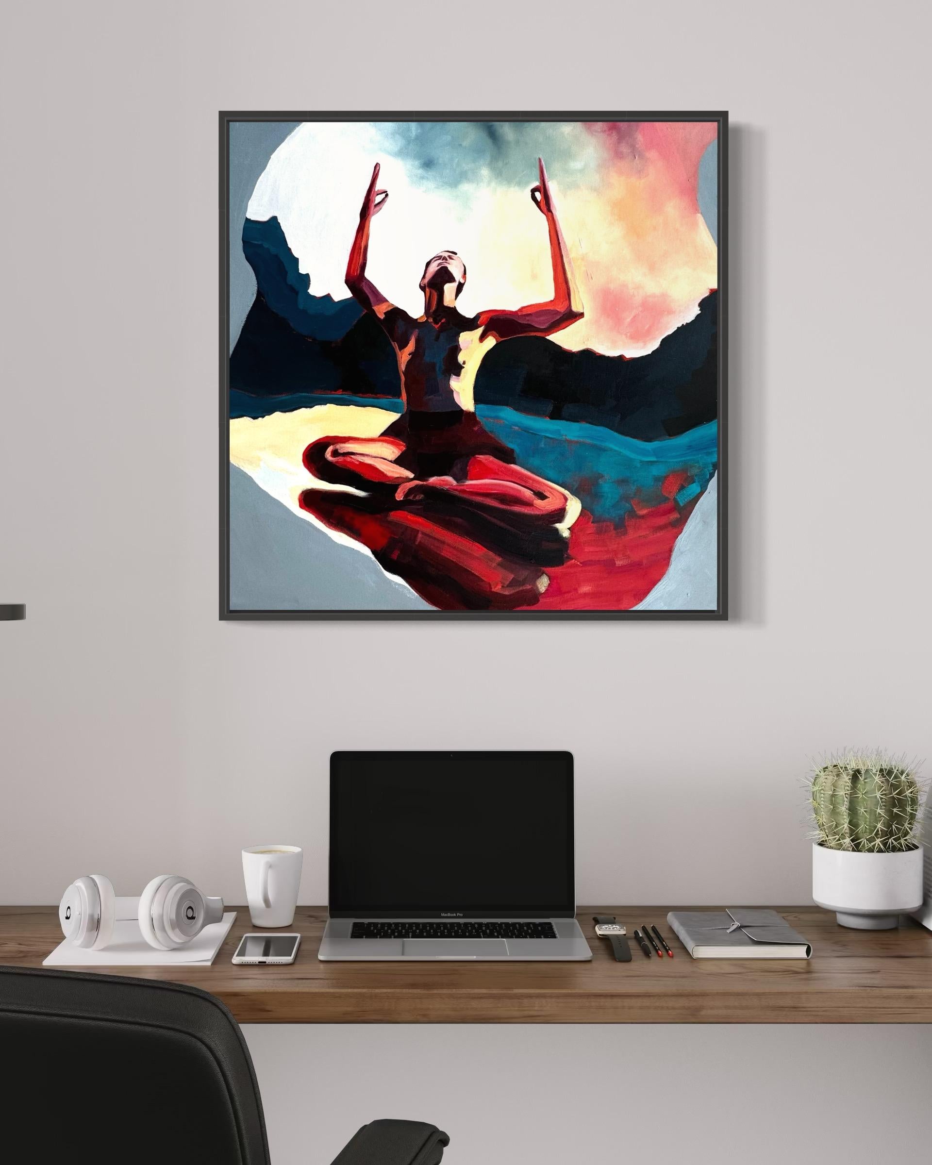 This painting reflects the joy of existence, space transformation, and meditation. The figure sits in a meditative pose, arms raised, embracing the energy of the universe. Surrounded by bold colors and shifting forms, the scene feels fluid, as if