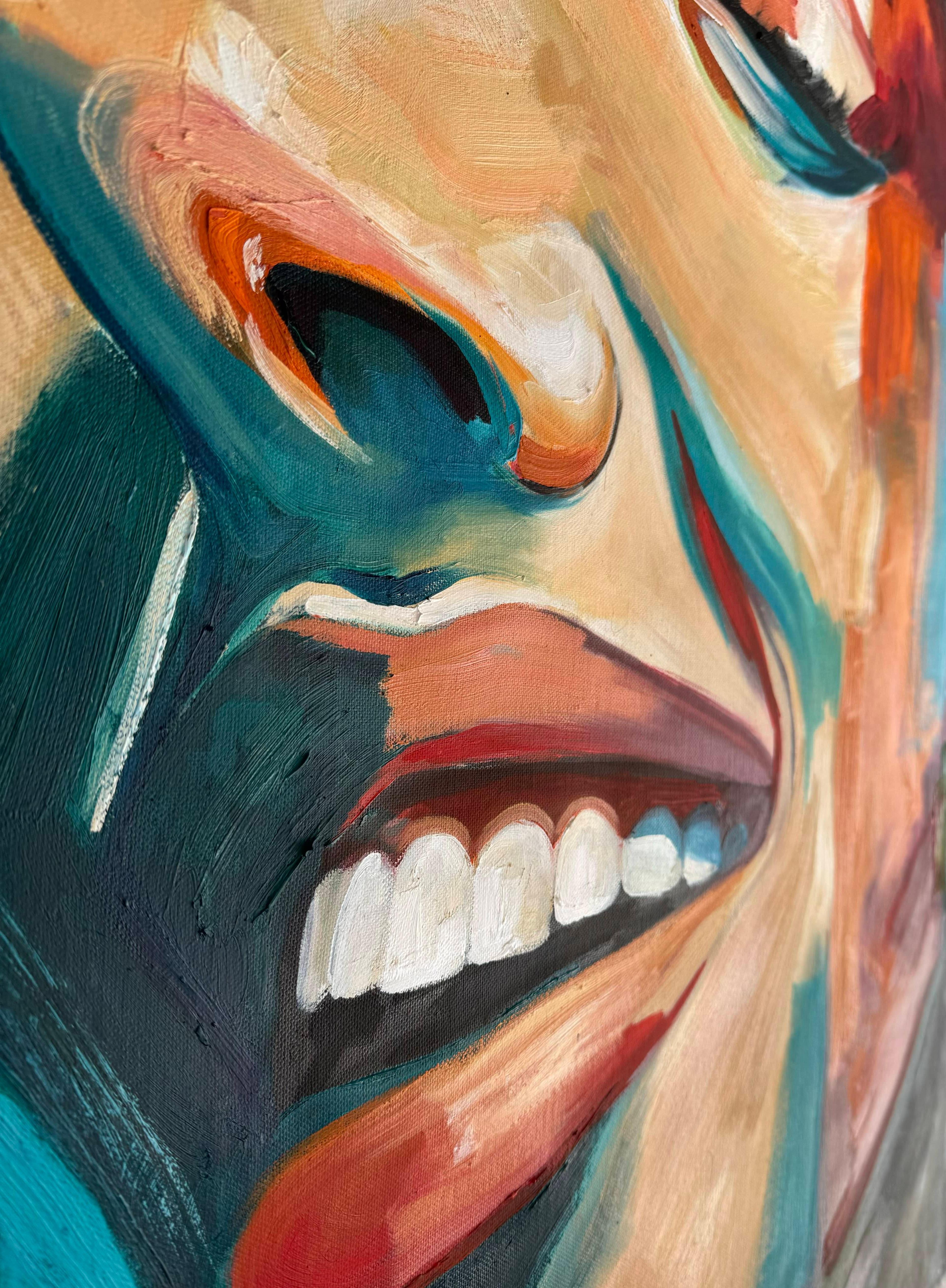 In diesem Werk von Kseniya Rai wird der Betrachter in einen Raum eingeladen, in dem Emotionen die primäre Sprache der Kunst sind. Das Gemälde zeigt zwei Gesichter, die von echtem Lachen und Freude erhellt werden, was das Bild zu einem lebendigen