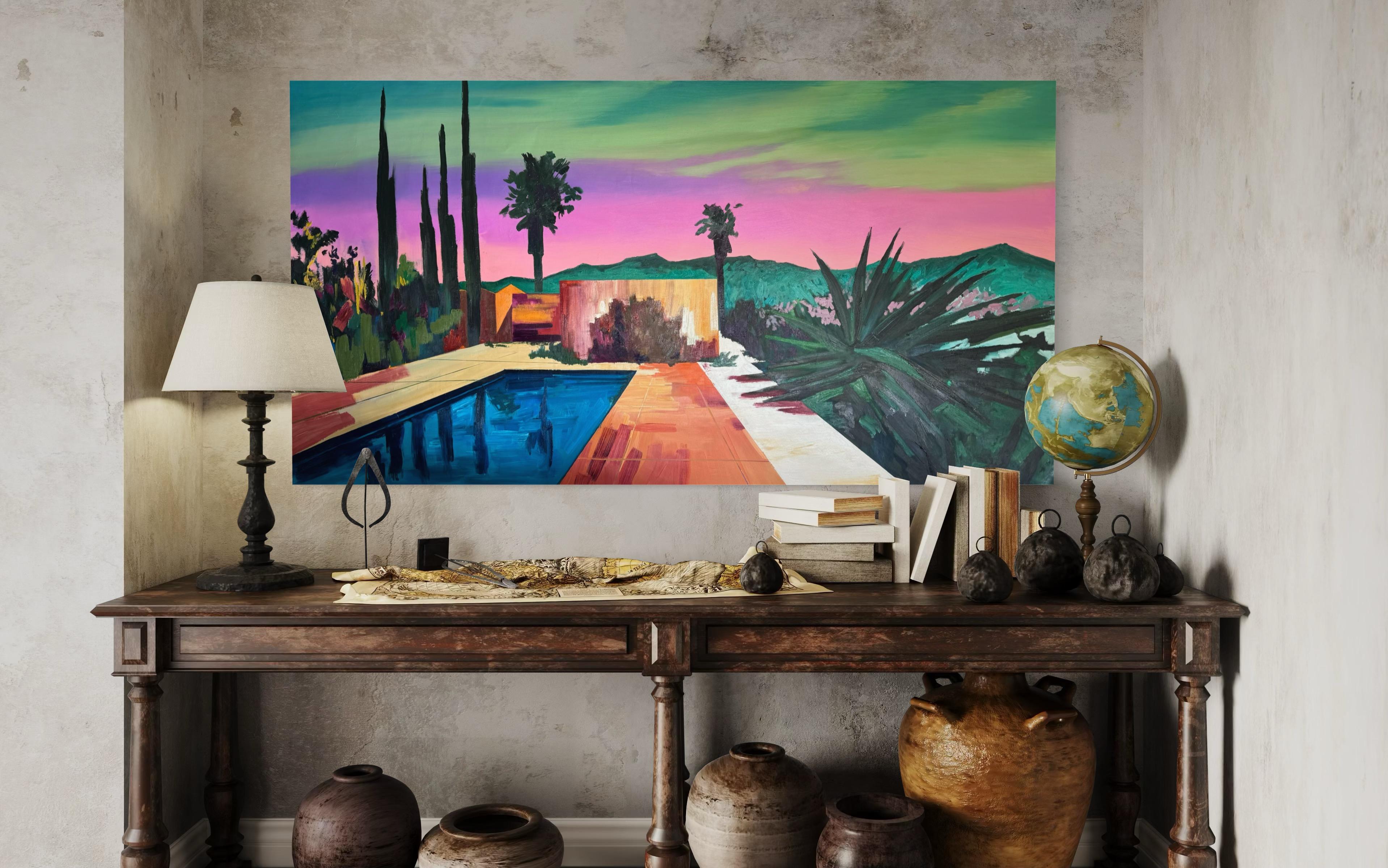 Piscine à 9 h 17 - Gris Landscape Painting par Kseniya Rai