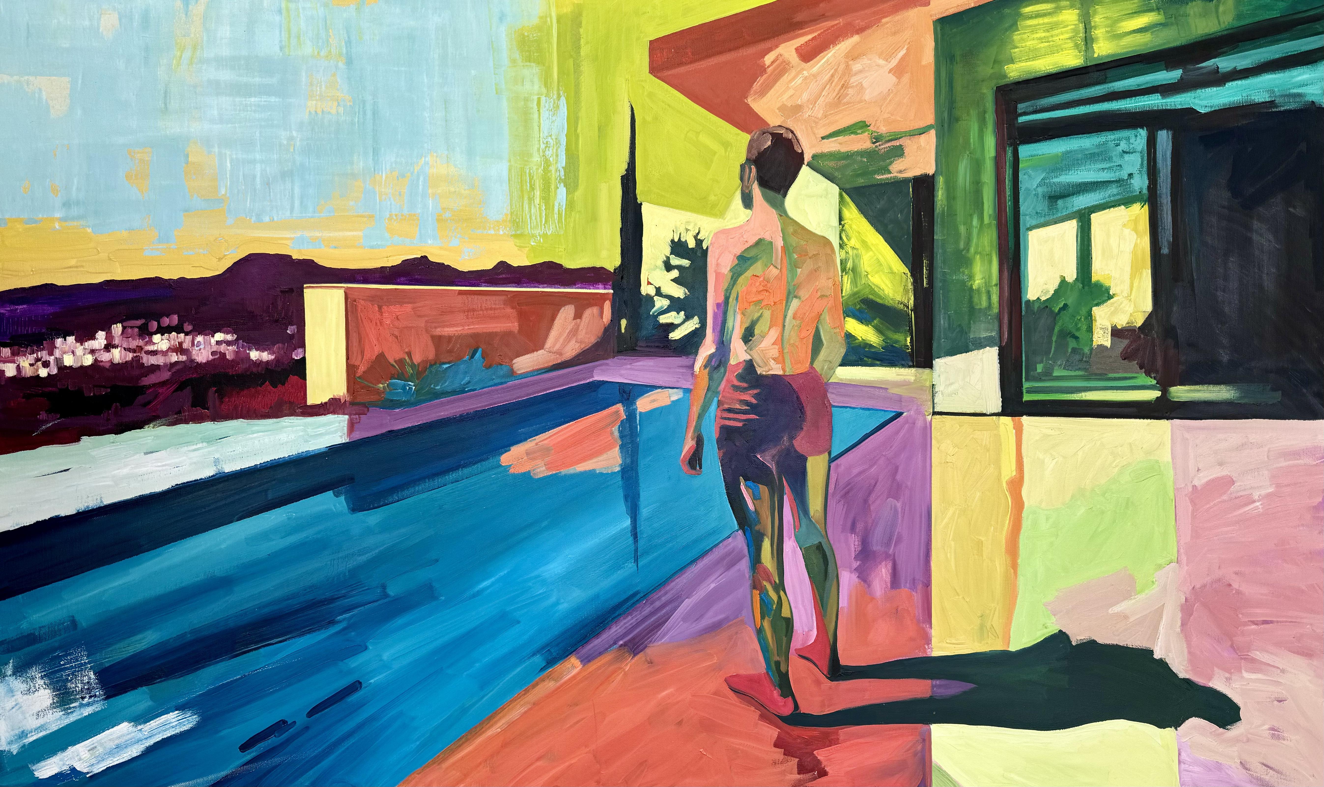 Piscine avant le coucher du soleil - Beige Figurative Painting par Kseniya Rai