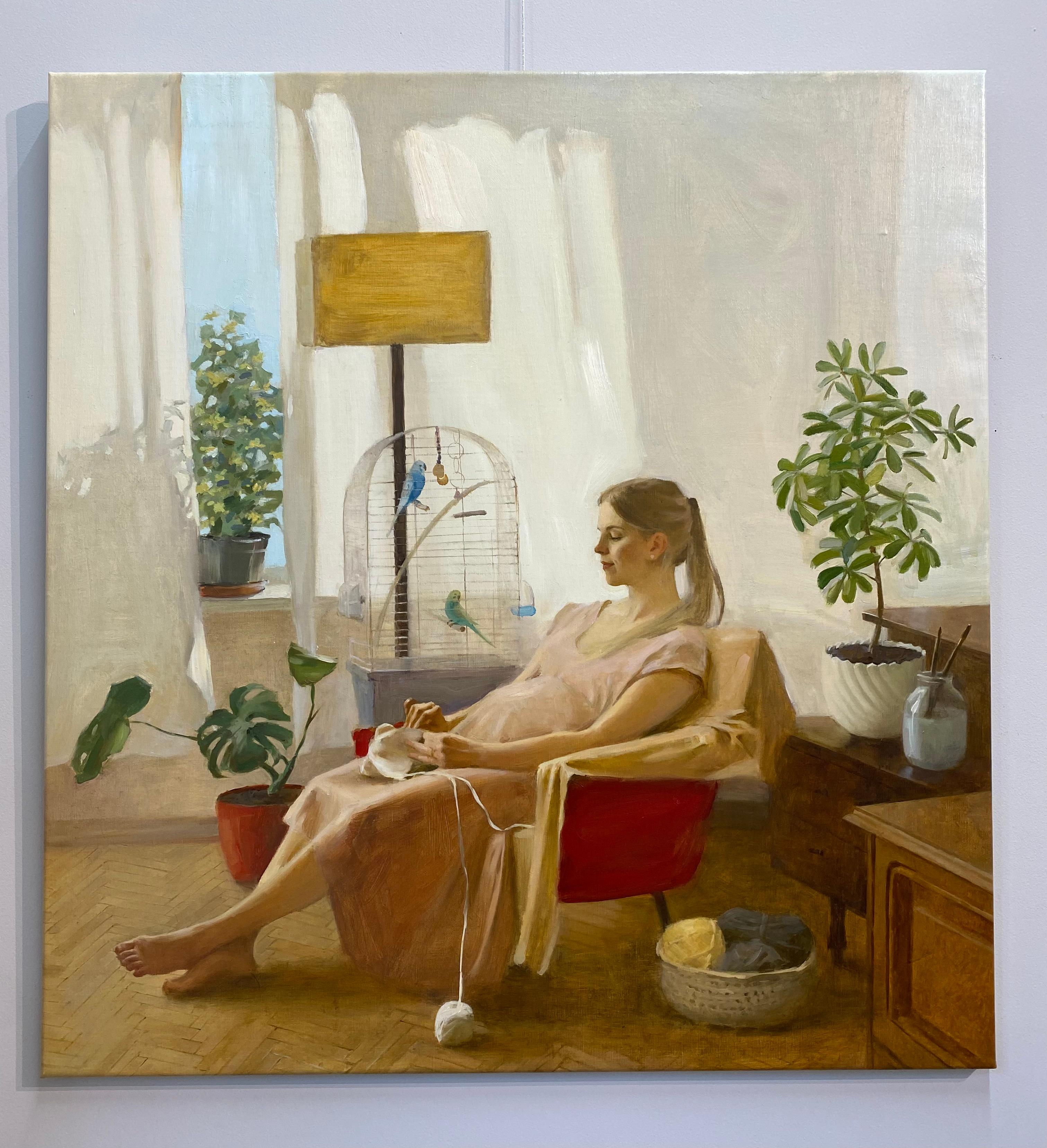 Bright Expectations - Peinture figurative du 21e siècle d'une jeune femme en grossesse - Painting de Ksenya Istomina