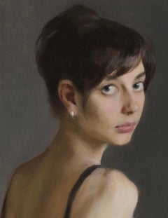 Girl with a flower-21st century painting of a girl in black dress & white flower