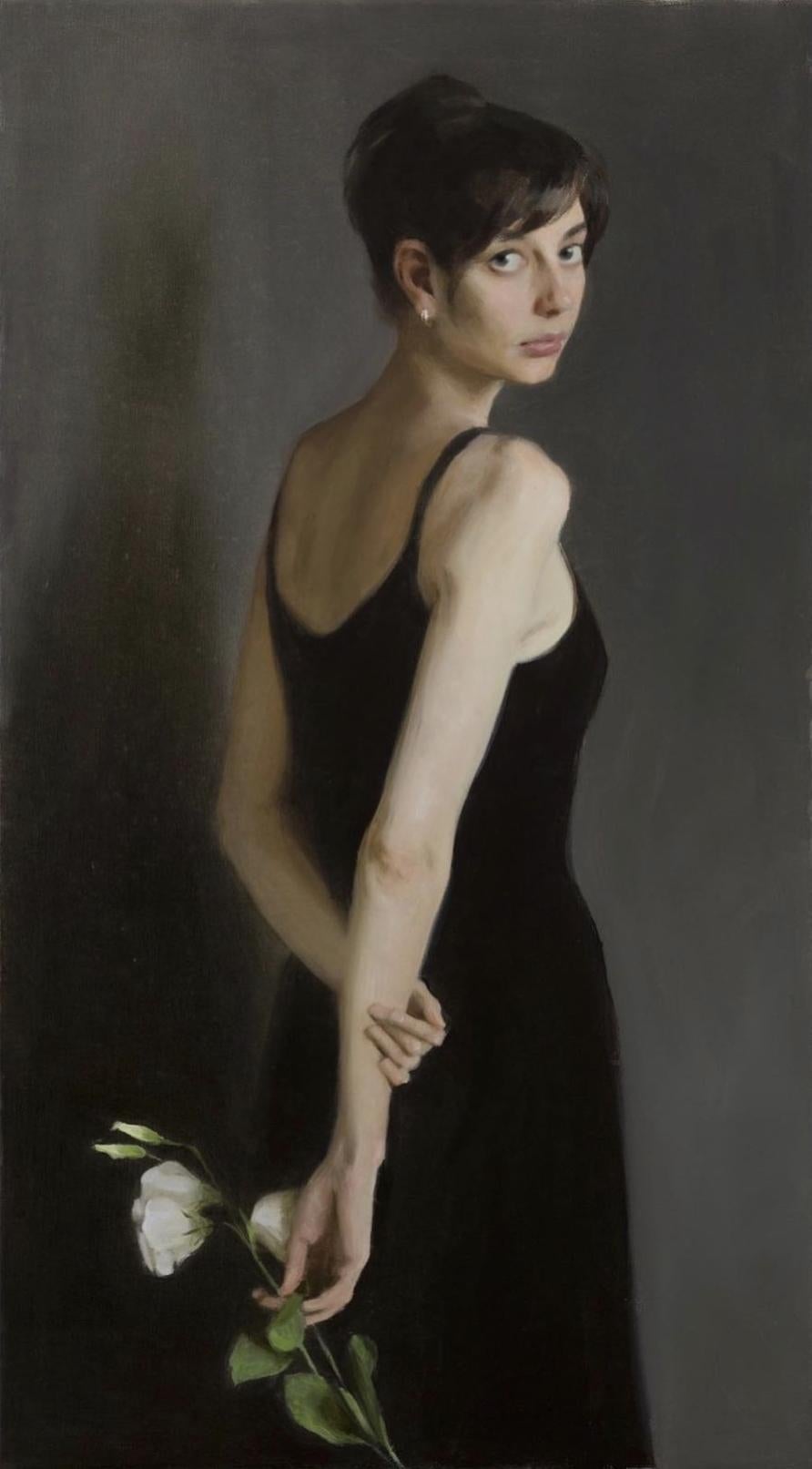 Ksenya Istomina Portrait Painting – Mädchen mit einer Blume-21. Jahrhundert Gemälde eines Mädchens in schwarzem Kleid und weißer Blume