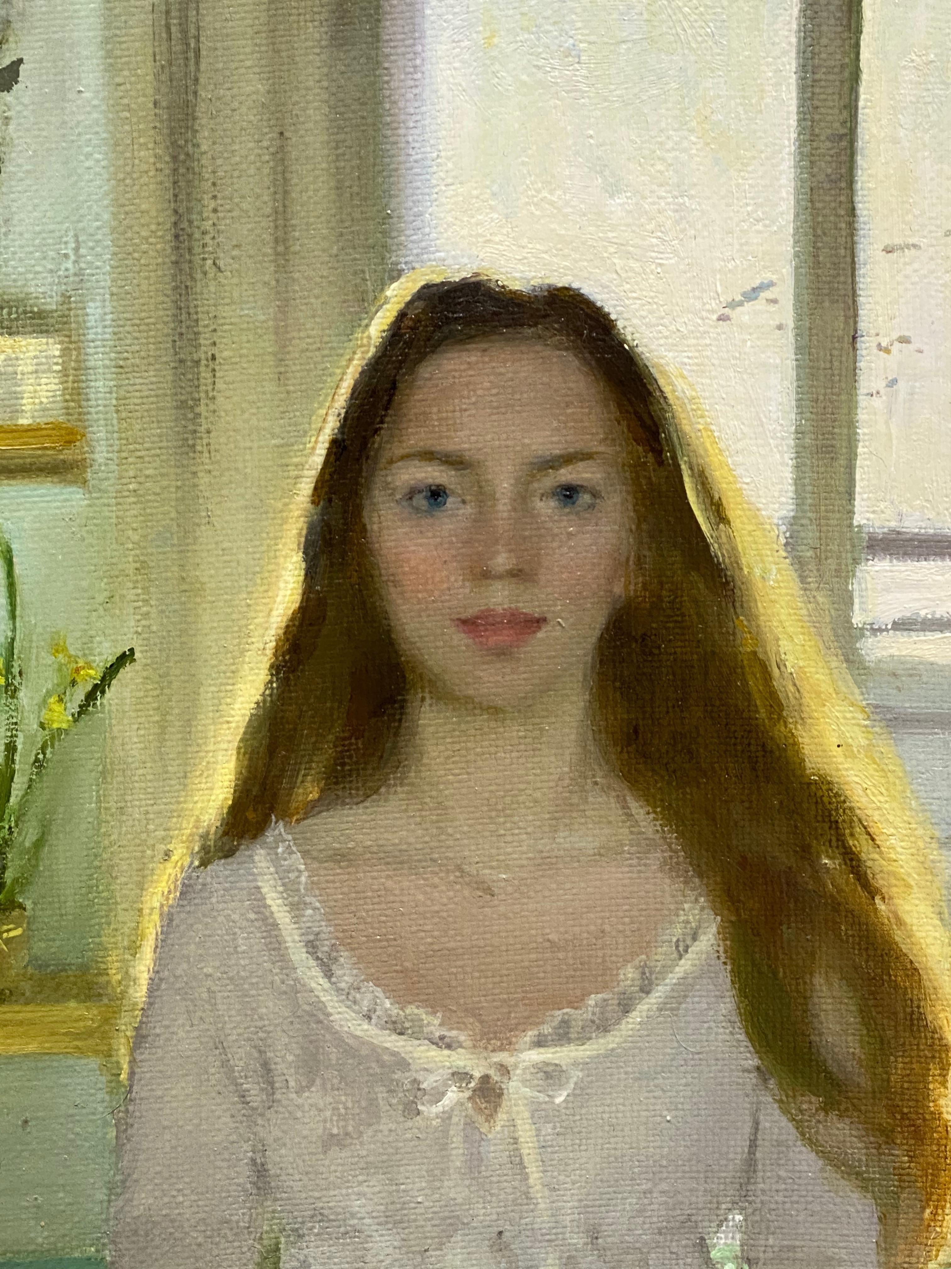 Goodmorning ! - Peinture figurative d'intérieur du 21e siècle représentant une fille dans sa chambre - Painting de Ksenya Istomina
