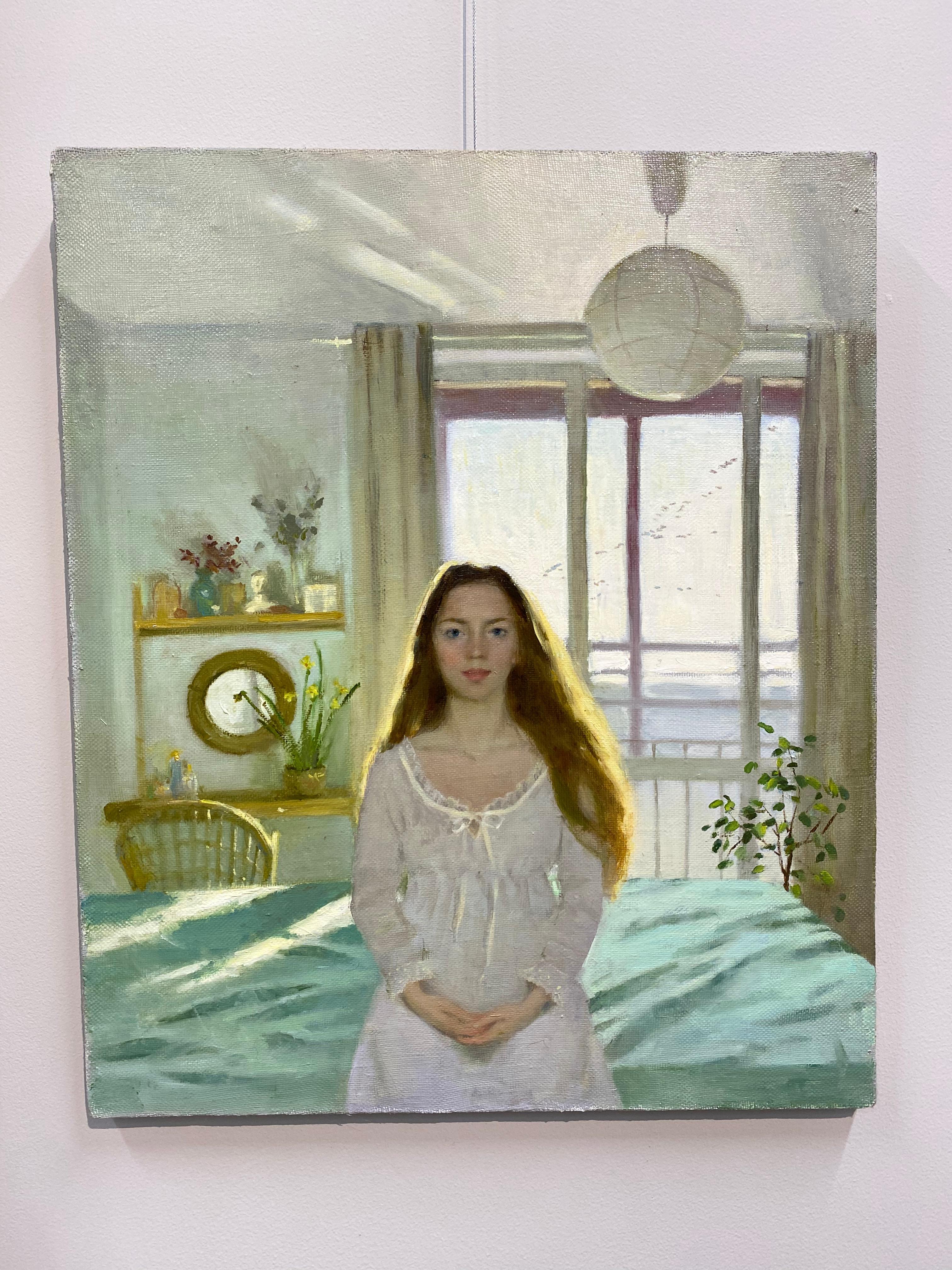 ¡Buenos días! - Pintura interior figurativa del siglo XXI de una chica en su habitación - Portrait Painting Gris de Ksenya Istomina